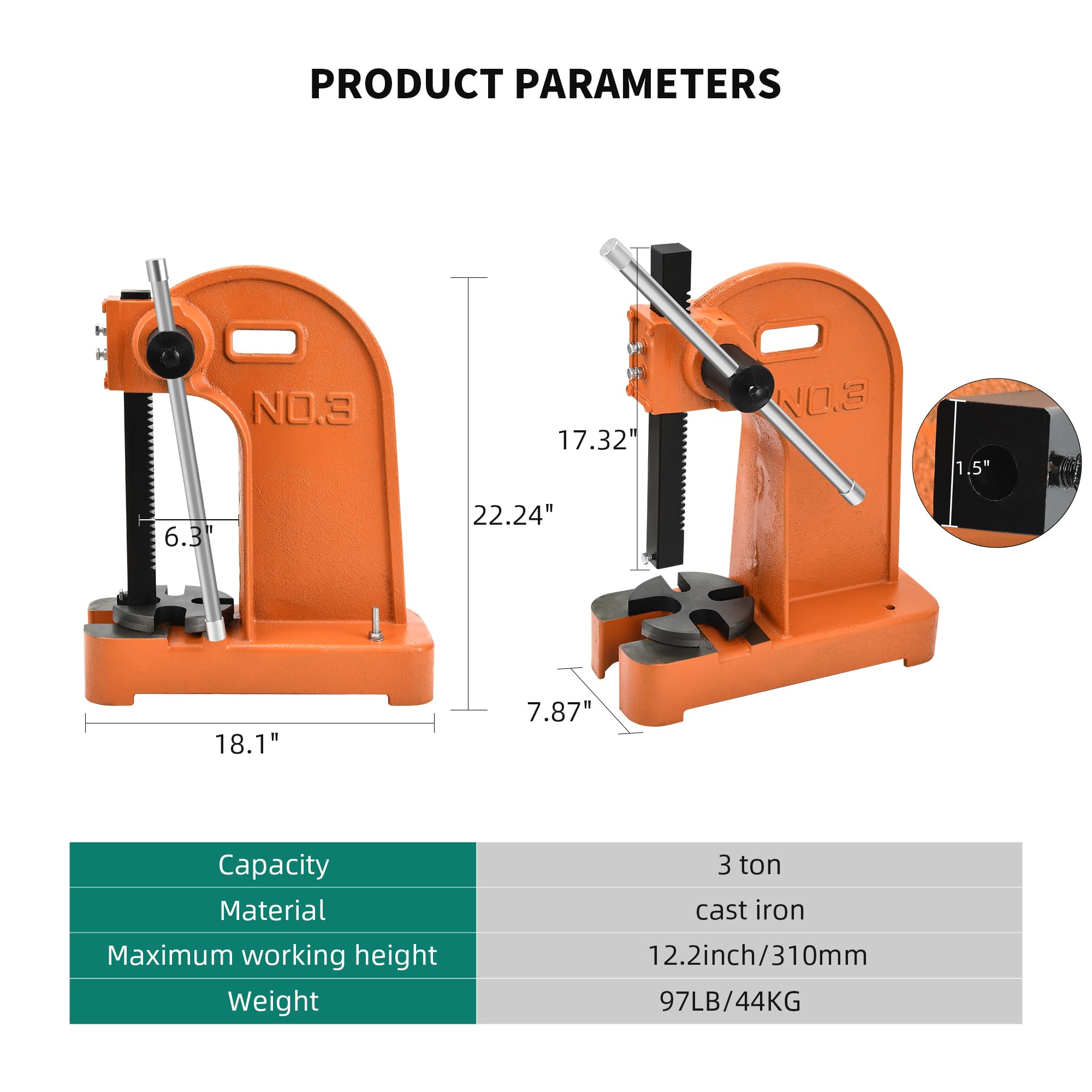 YITAHOME 3 Ton Manual Arbor Press - Heavy Duty Cast Iron Desktop Press Machine for Riveting, Punching Holes, 12.2 Inch Max Height (Orange) - Ideal for Metalworking, Jewelry Making & DIY Projects