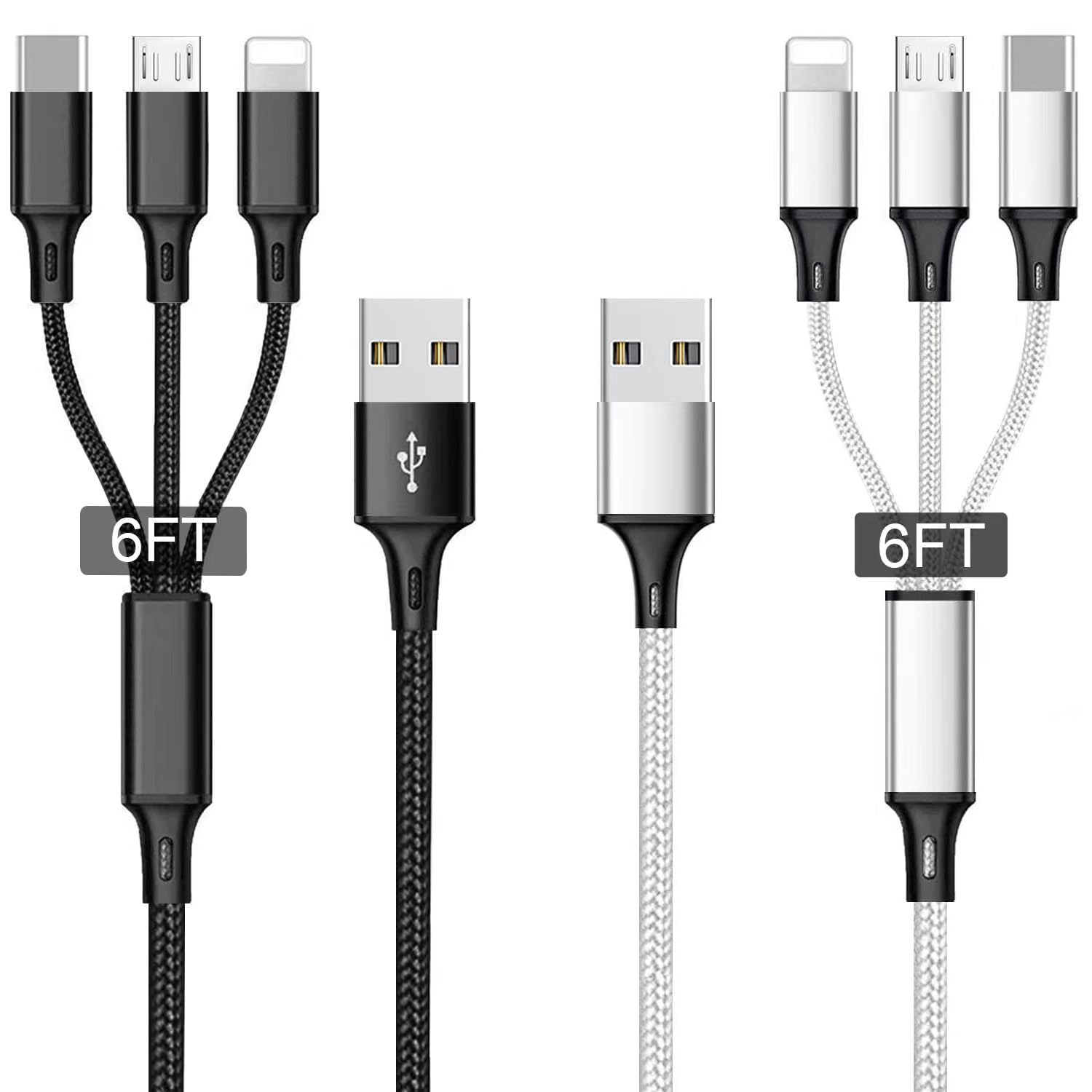 3-in-1 Multi USB Fast Charging Cable (2-Pack 6.6FT) with Dual Phone/Type C/Micro USB Ports - 3A High-Speed Charger for iPhone 12/11/Pro/8/7/6, Samsung Galaxy & Tablets - Perfect for Home, Office & Travel Charging Needs