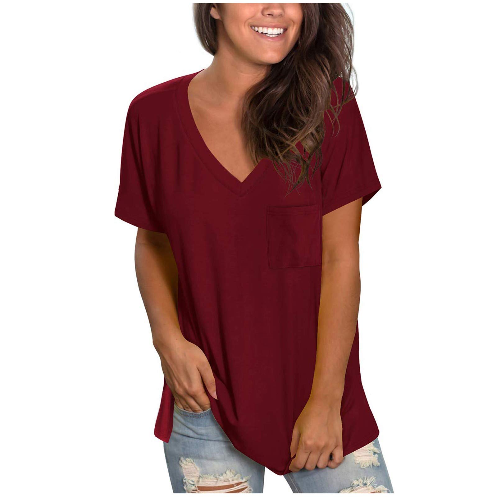 Women's Short Sleeve V-Neck Button Down Shirt with Collar & Pockets - Casual Work Office Blouse for Business, Dating & Everyday Wear