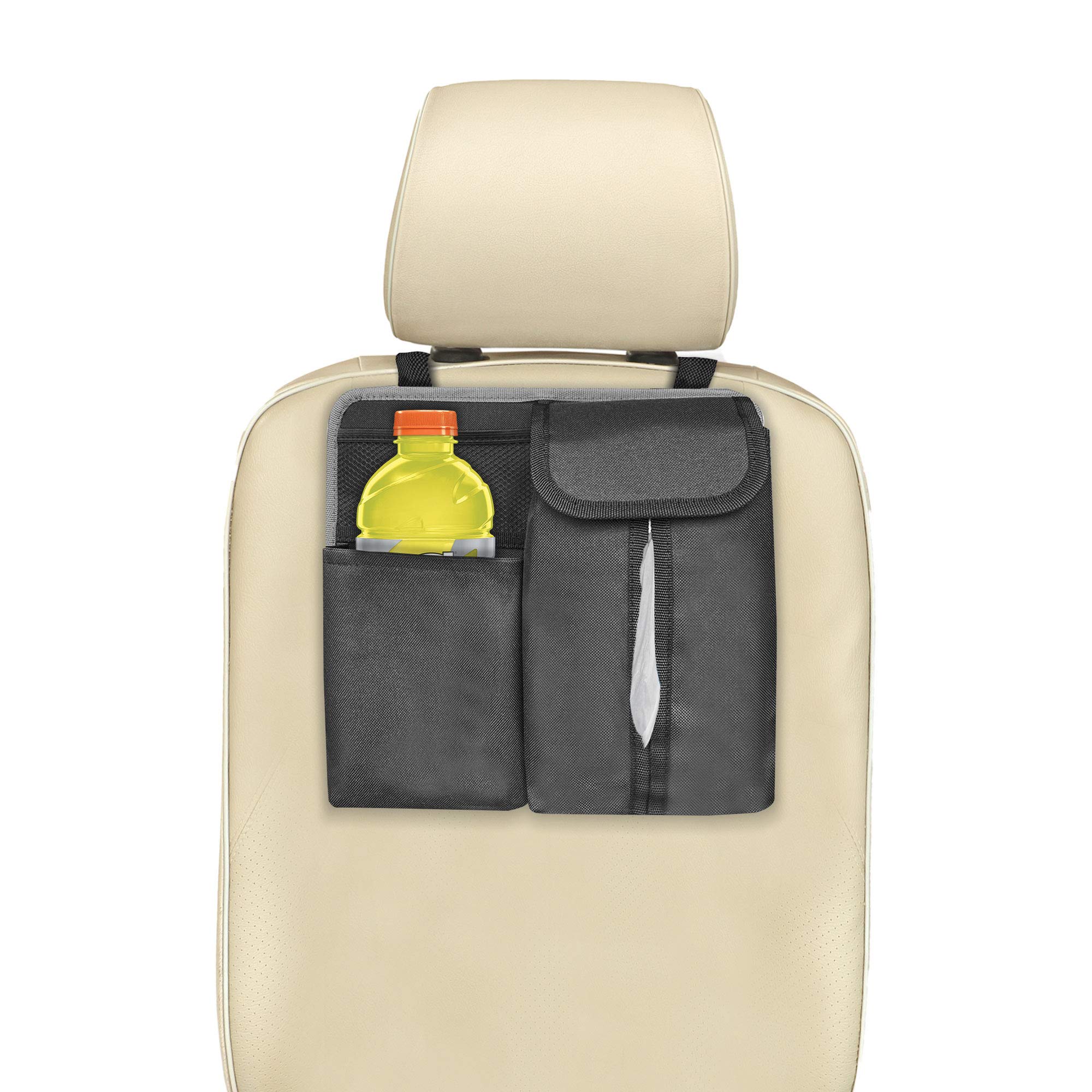 FH Group Hanging Car Organizer with Tissue Holder - Gray Back Seat Storage for Toys, Baby Wipes & Snacks | E-Z Travel Organizer for Kids & Family | Perfect for Road Trips, Daily Commutes & Family Outings