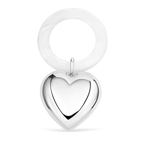 Sterling Silver Baby Rattle Teether Heart - Mother of Pearl Simulated Ring Keepsake Gift for Newborns | Perfect Baby Shower, Christening & First Birthday Present