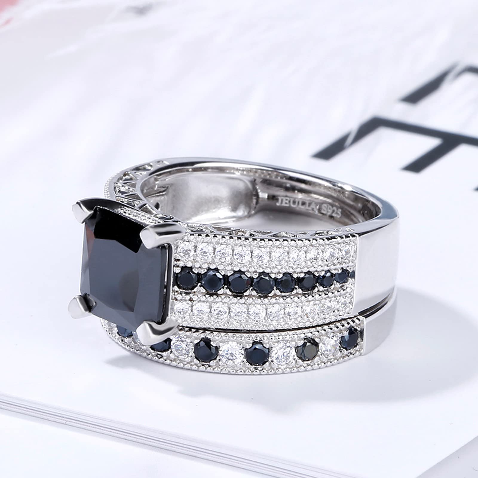 Jeulia 3.6 Carat Princess Cut Sterling Silver Black Stone Wedding Ring Set - Anniversary, Valentine's Day Gift for Wife & Girlfriend with Jewelry Box - Perfect for Proposals, Engagements & Romantic Occasions