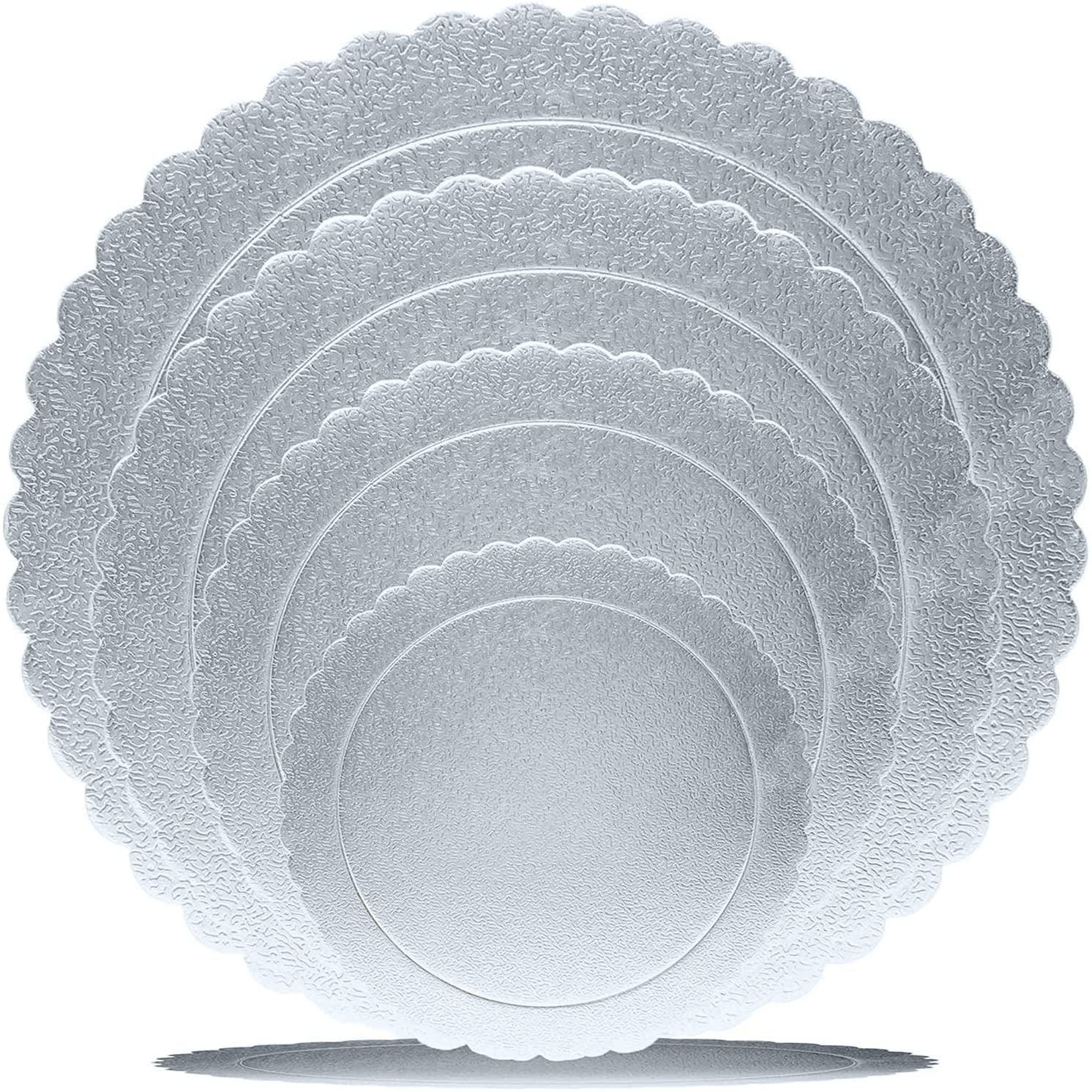 Goiio 4-Pack Scalloped Cake Boards - 6, 8, 10 & 12 Inch Round Cardboard Cake Circles for Baking, Decorating & Serving (Silver) - Perfect for Birthday Cakes, Wedding Desserts & Professional Pastry Displays