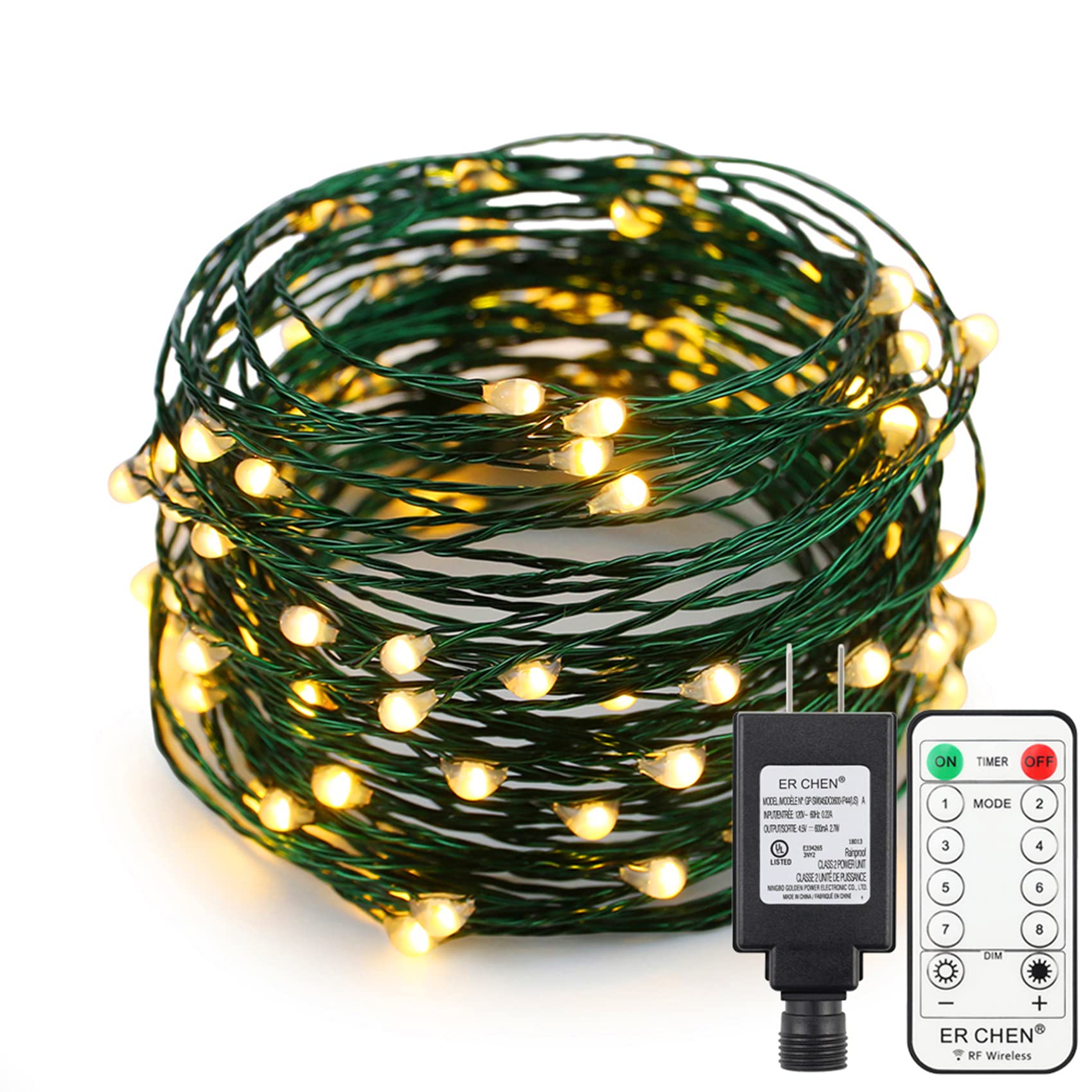 33ft LED String Lights with 100 LED Starry Lights - 10M Green Copper Wire Fairy Lights with Power Adapter & Remote Control (Warm White) - Perfect for Bedroom, Wedding, Party, Garden, and Outdoor Decorations