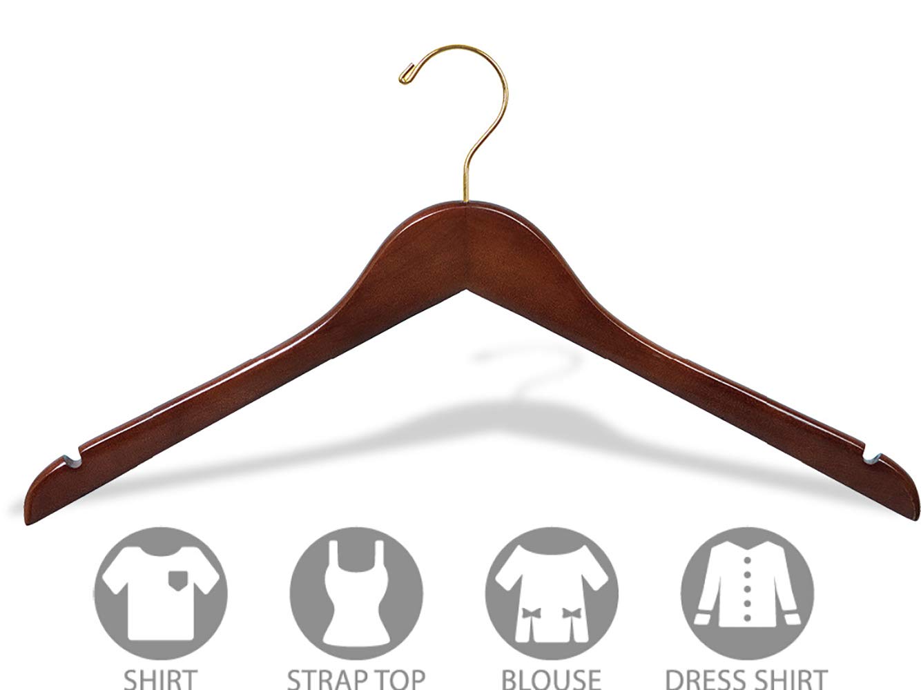 Premium Walnut-Finished Wooden Top Hangers - Set of 8 with Brass Swivel Hooks & Notched Design for Shirts, Dresses & Straps - Perfect for Closet Organization & Garment Care