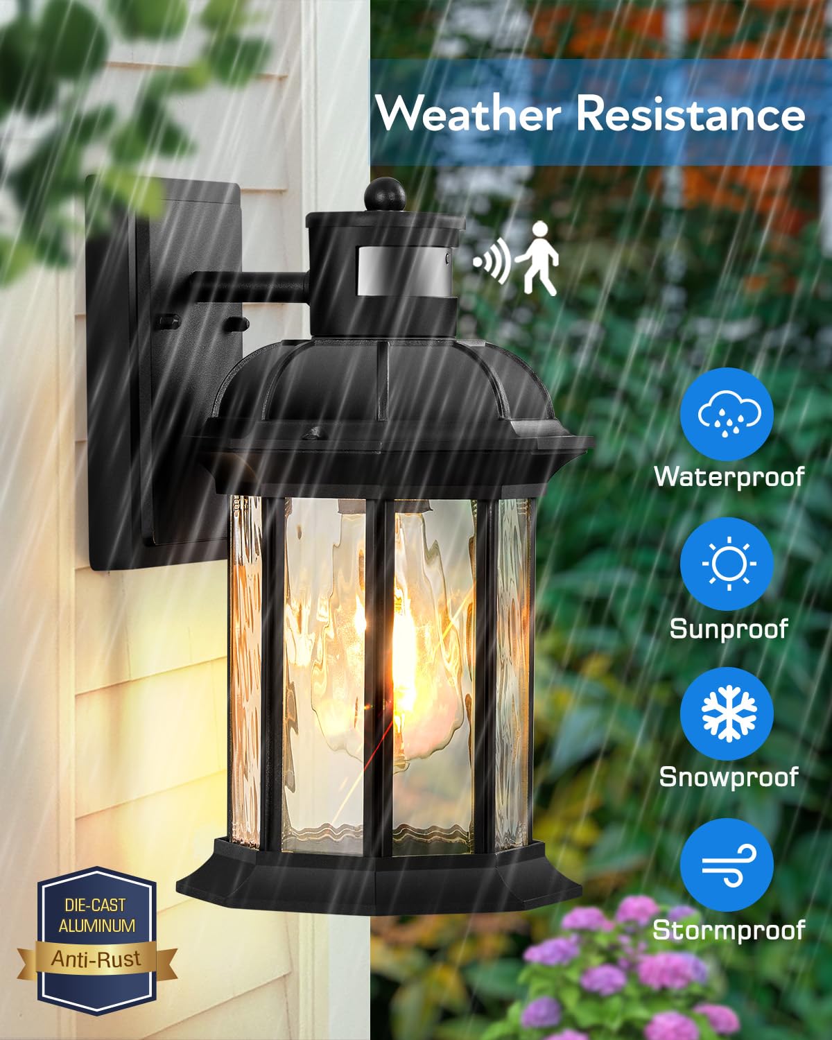 VIANIS Dusk to Dawn Motion Sensor Outdoor Porch Light - Modern Black Waterproof Wall Mount Exterior Light Fixture with Anti-Rust Aluminum & Tempered Ripple Glass - Perfect for Garage, Entryway, Patio, and Backyard Security Lighting