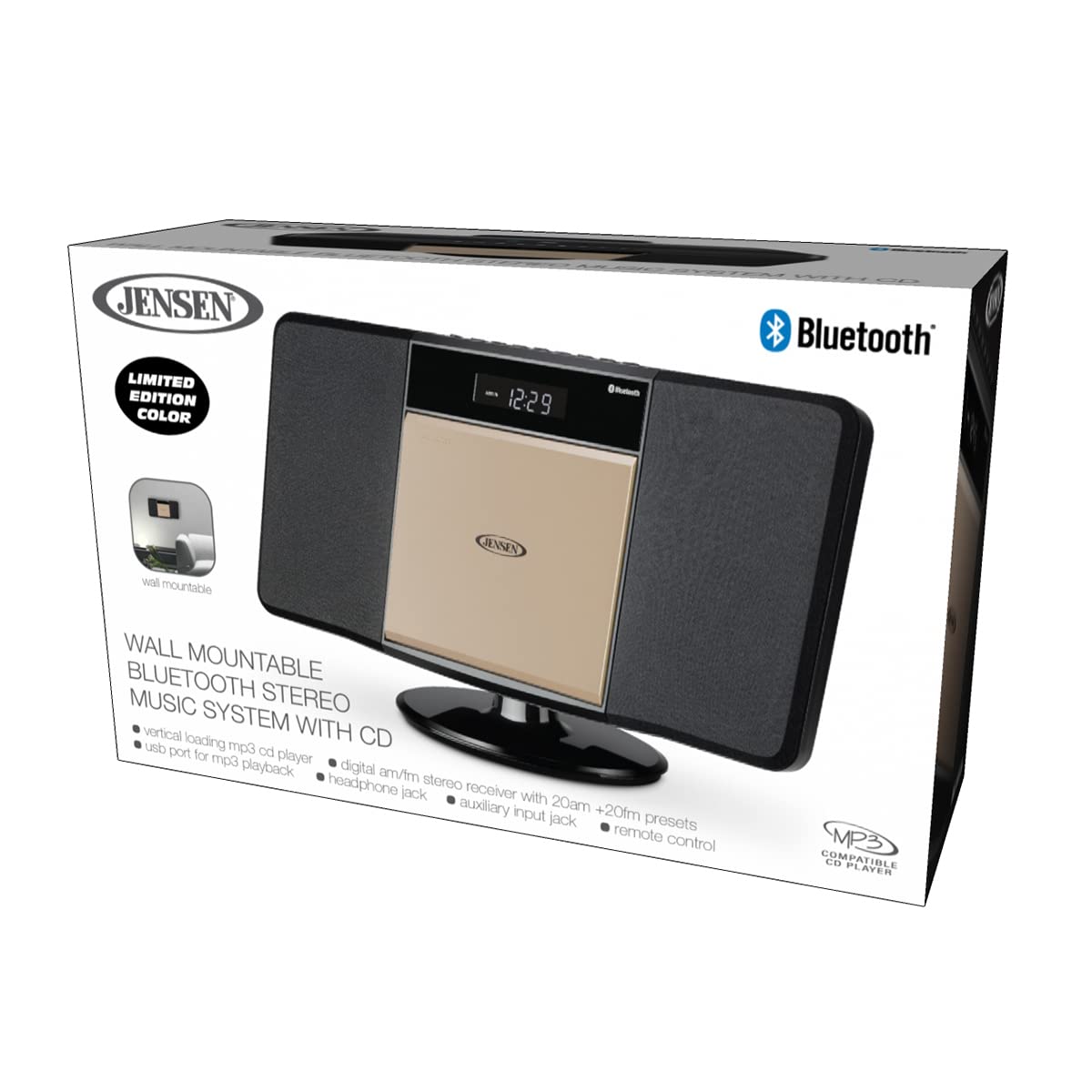 Jensen JBS-300 Champagne Gold Bluetooth Stereo System with CD/MP3/WMA Player, Wireless Streaming & USB Port | AM/FM Radio | Remote Included | Perfect for Living Room, Bedroom & Office Music Entertainment