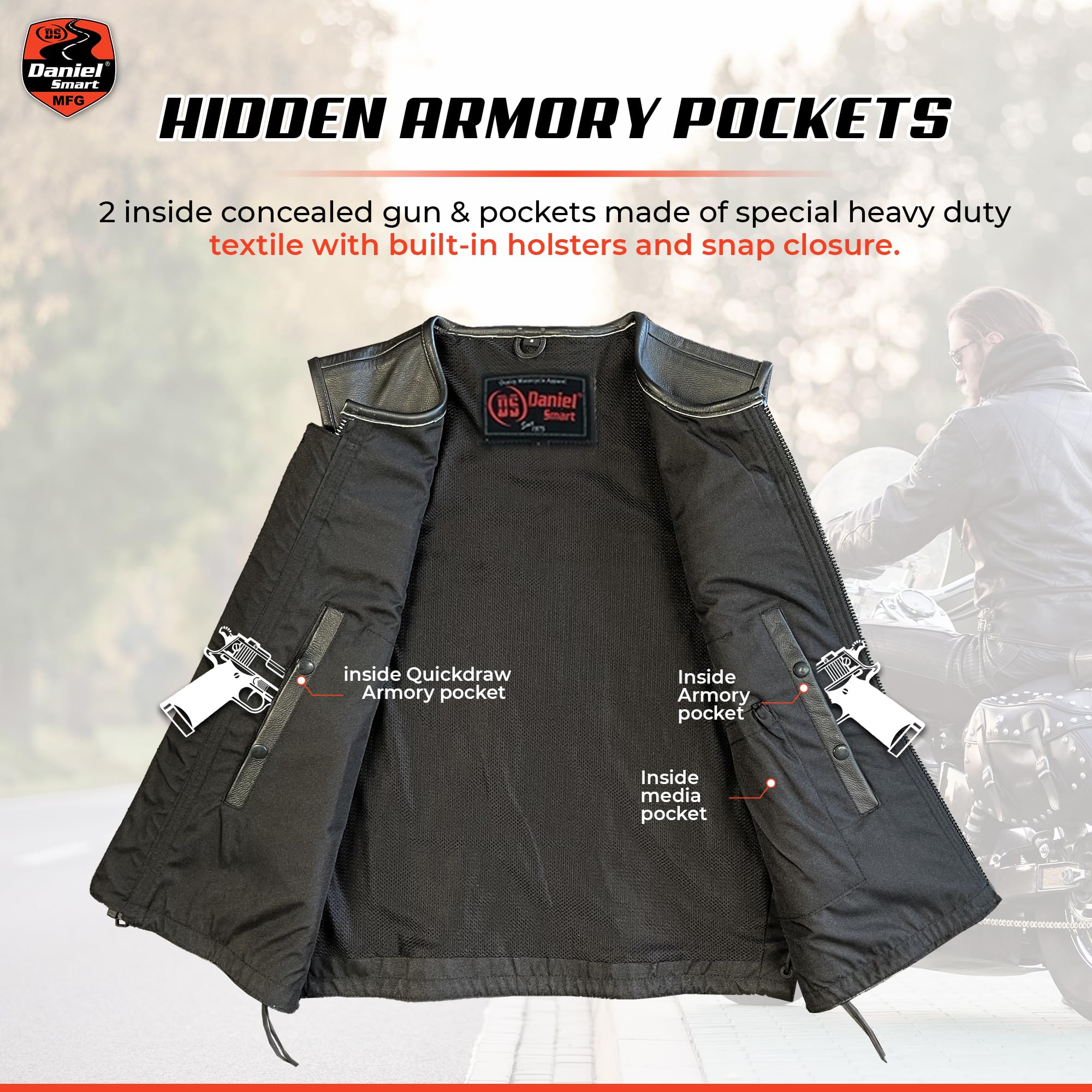 Daniel Smart Men's Black Leather Vest - Soft Full Grain Leather with Front Zipper, Side Laces & Armory Pockets | Motorcycle Riding, Casual Outfits & Biker Fashion