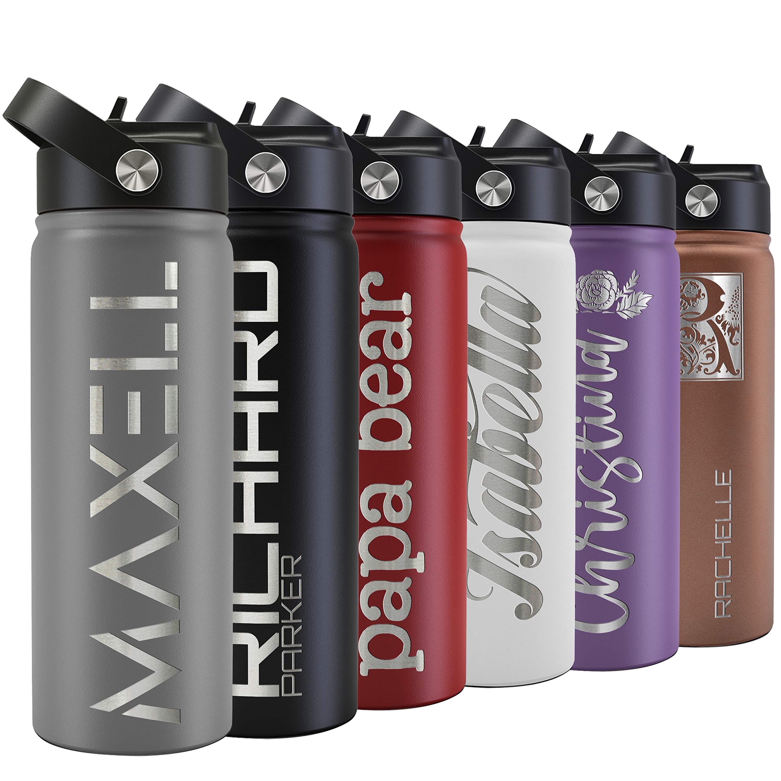 Custom Personalized 24 oz Double-Wall Vacuum Insulated Sports Water Bottle with Straw Lid & Handle - Gray | Laser Engraved Name/Text | 3 Sizes, 12 Designs & 9 Colors | Perfect for Gym, Hiking, Office & Outdoor Activities