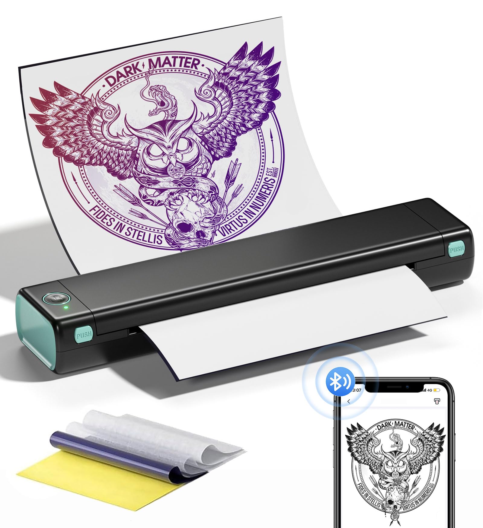 Phomemo M08F Wireless Tattoo Stencil Printer Machine - Thermal Tattoo Printer for Professional Artists | Smartphone, Tablet & PC Compatible | Includes 10pcs Transfer Paper (Black & Green) | Perfect for Tattoo Studios, Home Use & Traveling Artists