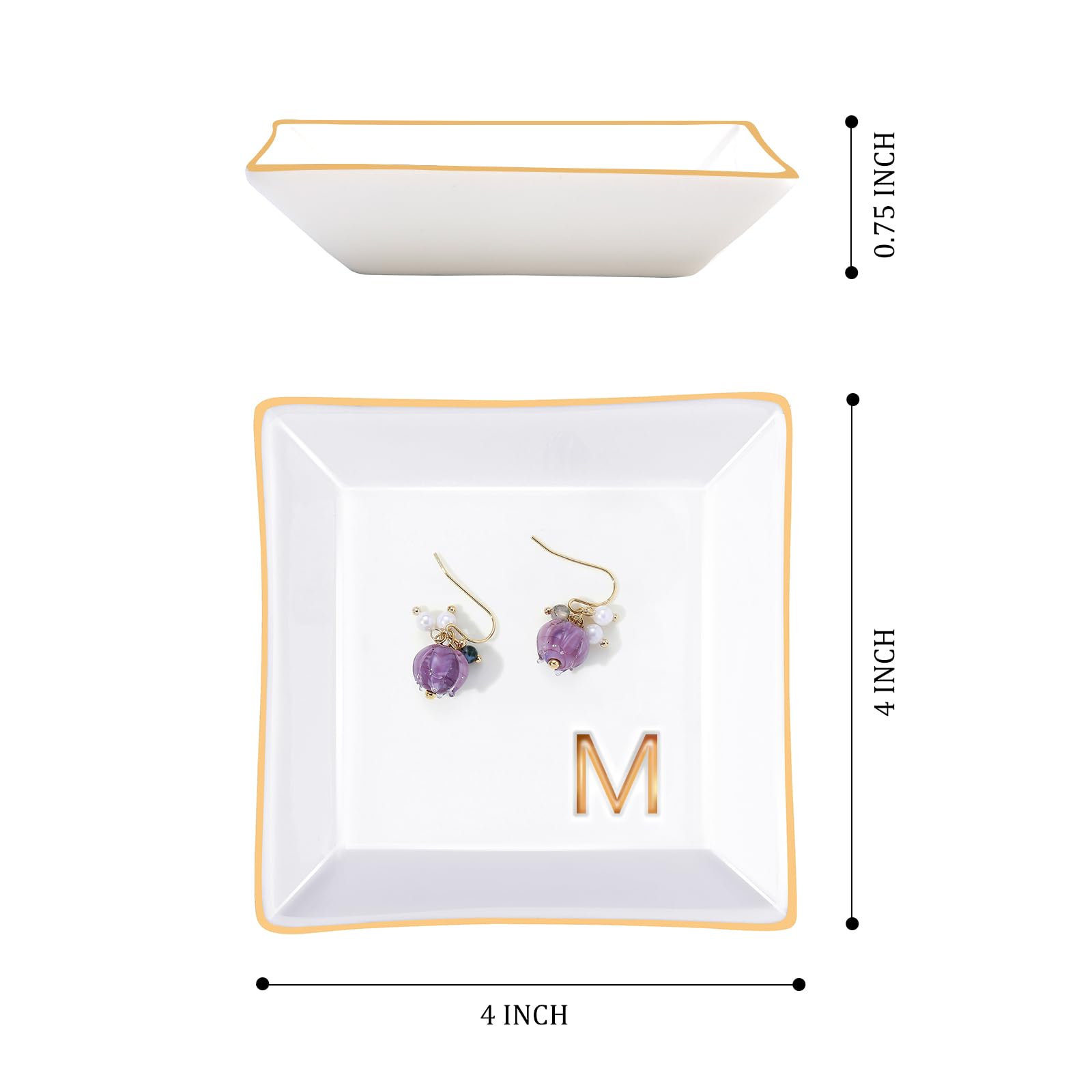Personalized M-Monogrammed Ceramic White Ring Holder Jewelry Tray - Perfect Engagement, Wedding, Bridesmaid Gift for Bride, Mom, Sister & Friends - Ideal for Birthday, Christmas & Special Occasions - Stylish Jewelry Organizer for Vanity, Dresser & Bathroom Decor