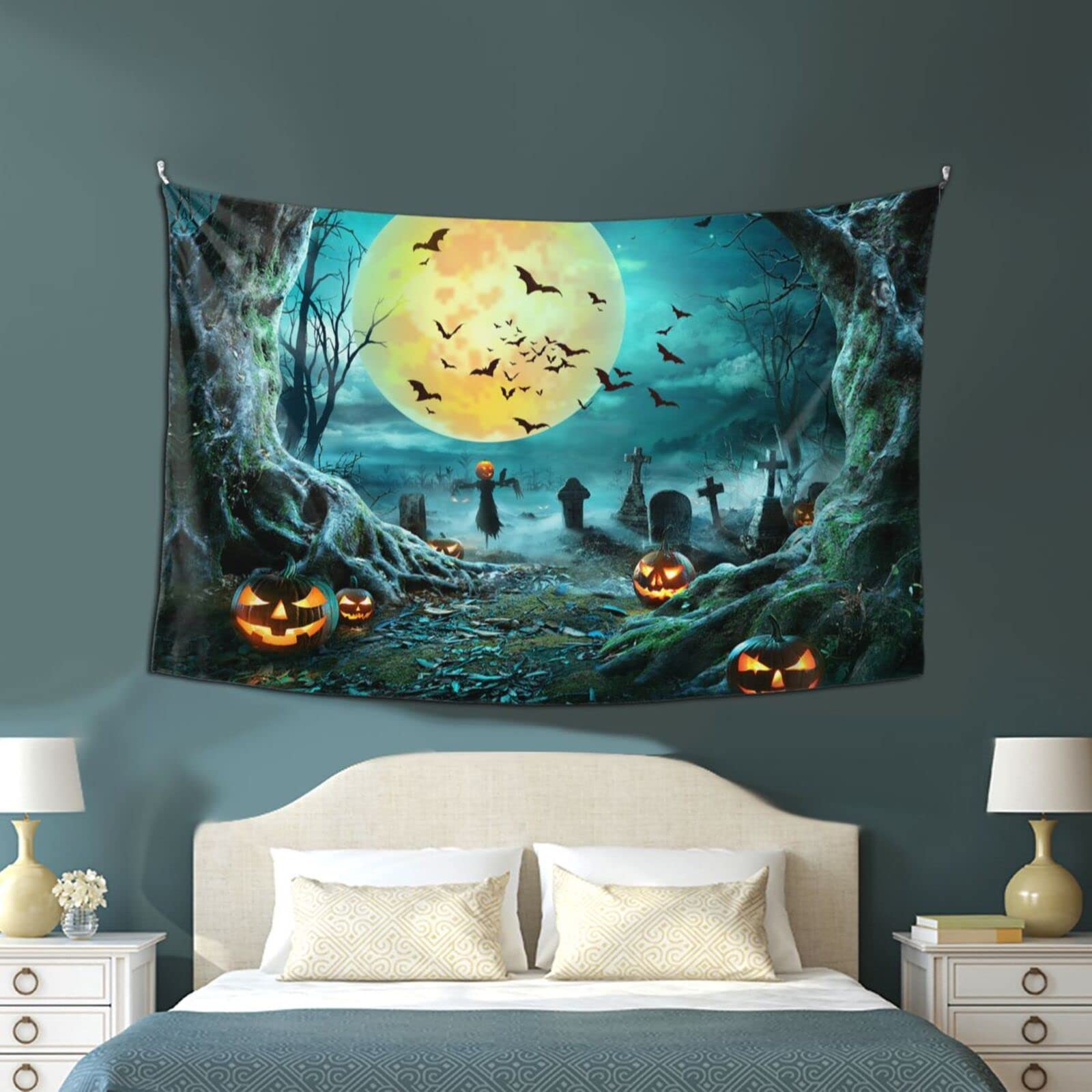 Vthxloi Halloween Tapestry Wall Decor - Spooky Moon & Pumpkin Design Hippie Aesthetic Wall Hanging for Dorm, Bedroom, Living Room (60x40 Inches) - Perfect for Halloween Party Decorations & Boho Home Decor
