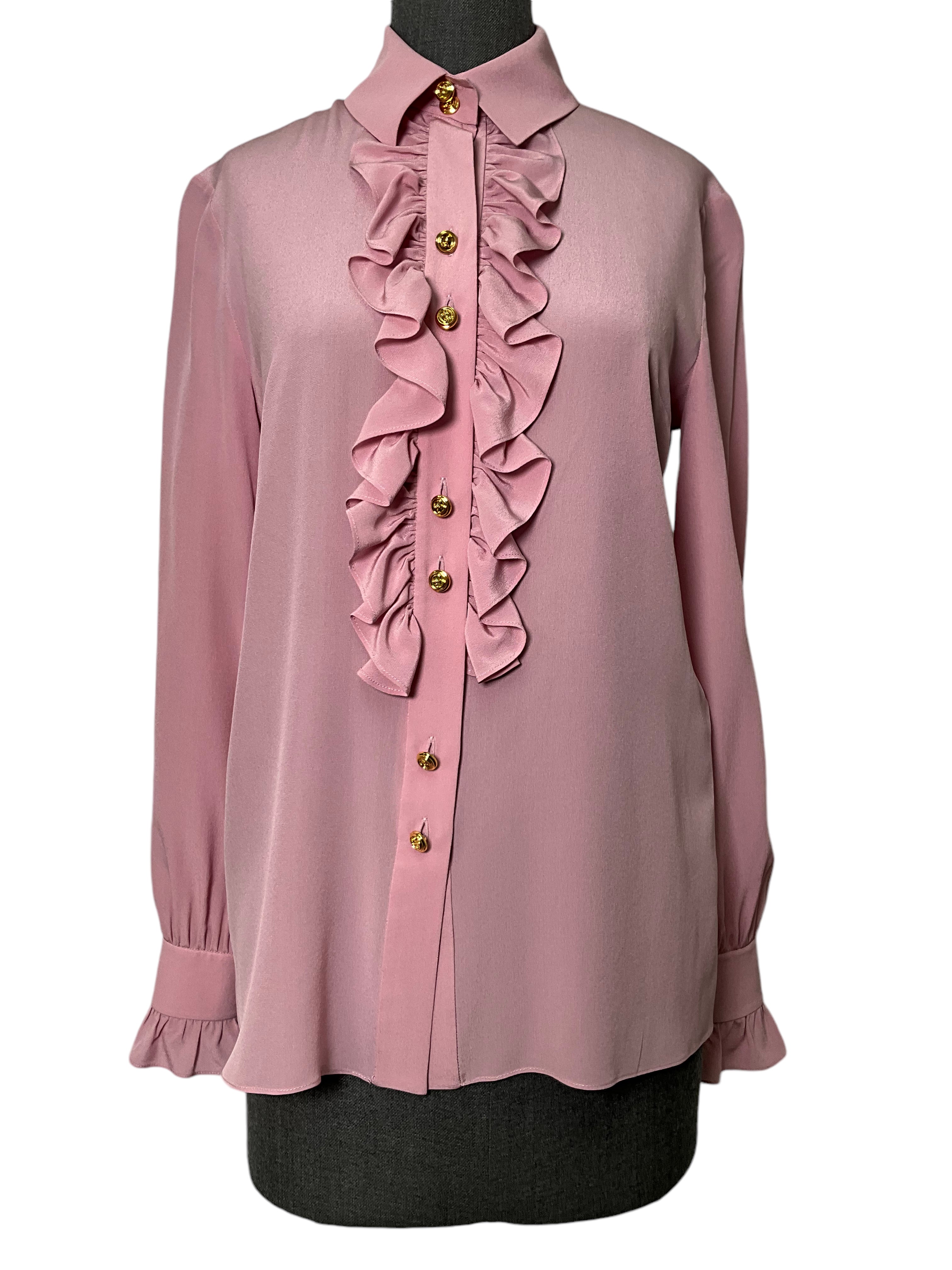GUCCI Silk de Chine Ruffled Button Down Blouse - Women's Size S, Elegant & Chic for Office Wear & Special Occasions