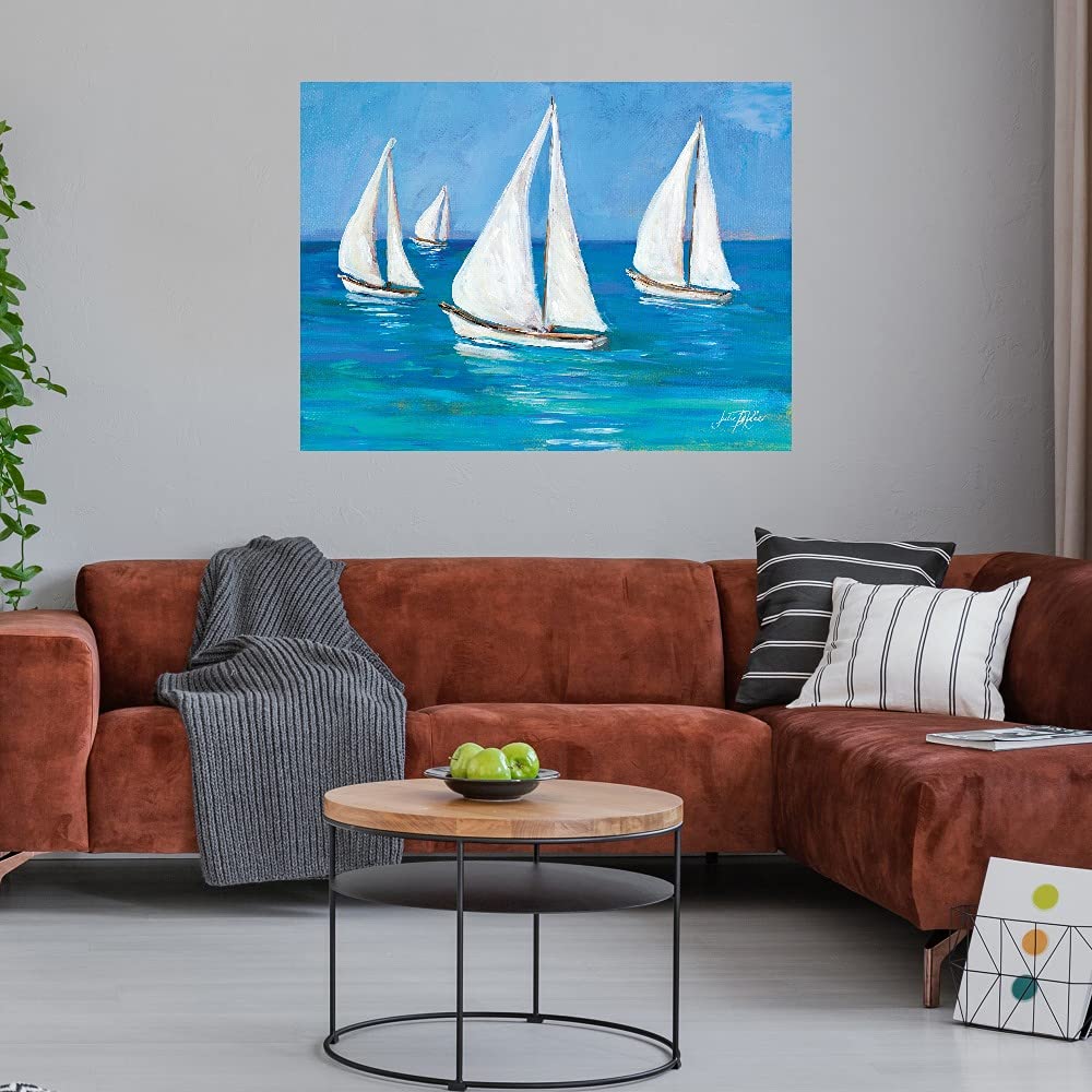 Hand-Painted Sailboat Canvas Art Wall Decor by Julie DeRice - 32x24 Inch Ready to Hang Painting for Living Room, Bedroom, Bathroom & Office - Coastal Nautical Theme Home Decor Perfect for Beach Houses & Seaside Themed Spaces