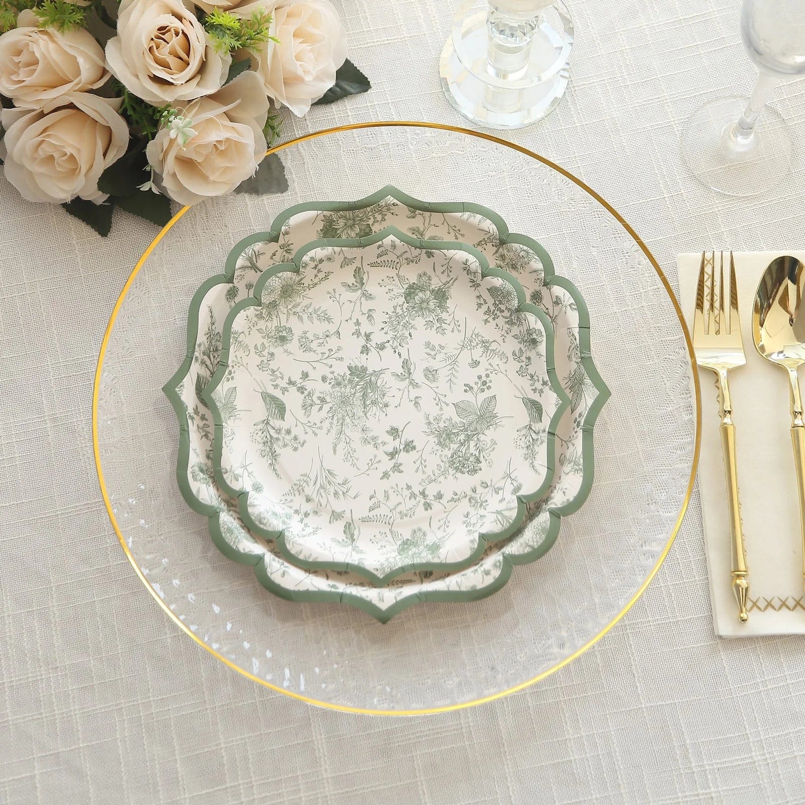 25-Pack White and Sage Green Floral Leaf Print Paper Plates with Scalloped Rim - Elegant Disposable Tableware for Weddings, Baby Showers & Garden Parties