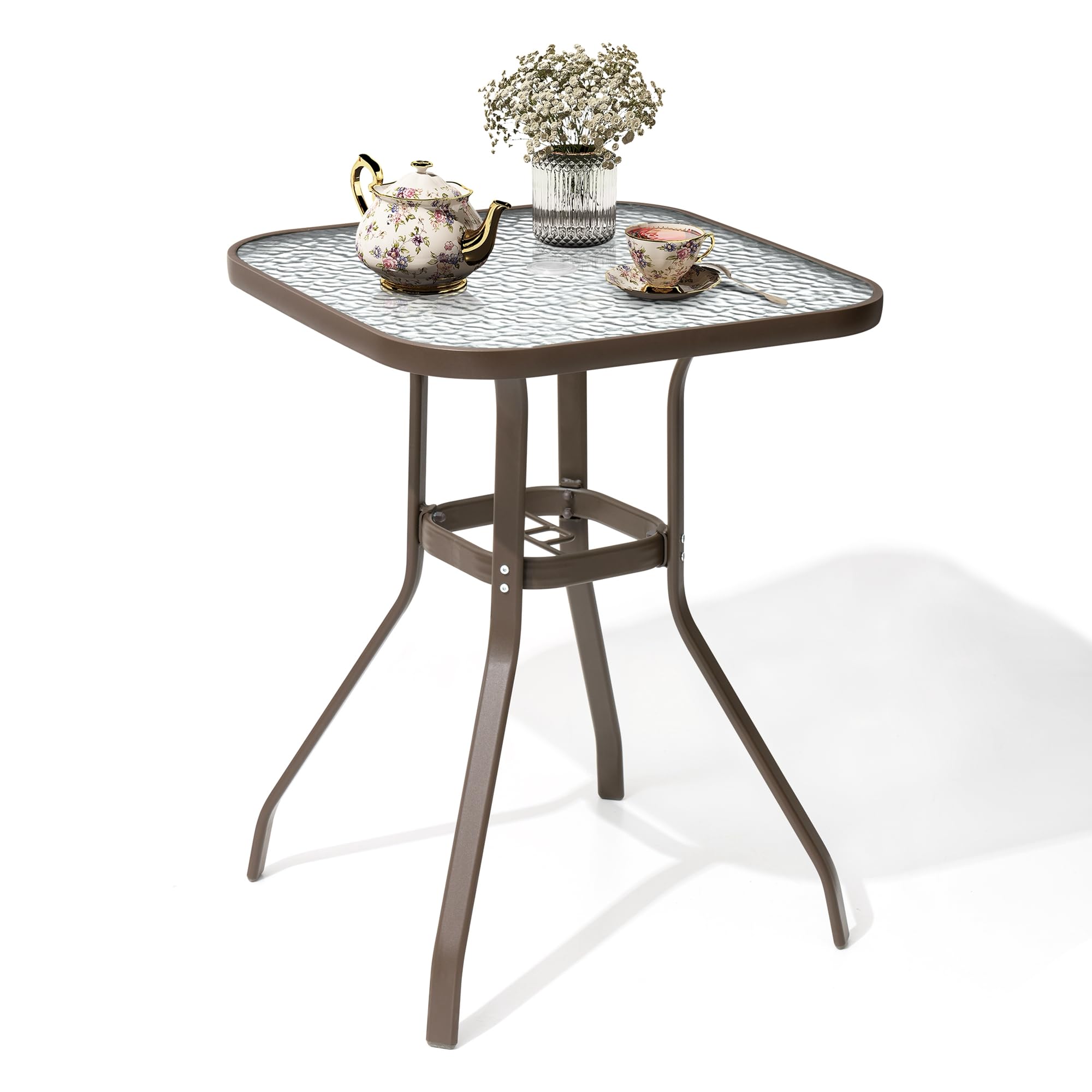 Crestlive Outdoor Bar Table with Umbrella Hole - Aluminum Frame & Tempered Glass Top Patio Dining Bistro Table - Durable Garden, Poolside, Deck, Lawn Furniture for Outdoor Entertaining (Brown)