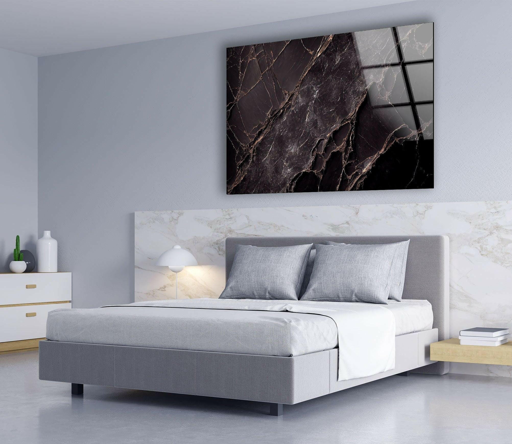 Black Marble Natural Abstract Glass Wall Art - Modern Home Decor for Living Room, Bedroom & Office | Elegant Glass Wall Sculpture for Contemporary Interior Design