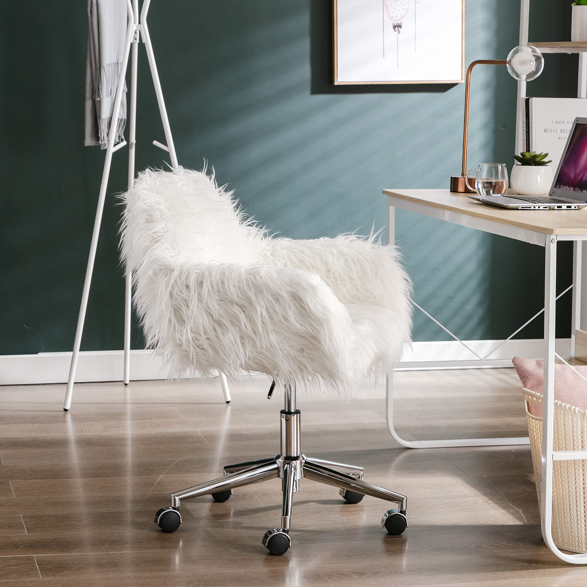 **Fluffy Faux Fur Office Desk Chair with Wheels - Modern Swivel Armchair for Women, Soft Comfy Vanity Makeup Chair, Elegant Accent Chair for Bedroom, Dressing Room & Home Decor (White) - Perfect for Work, Study & Relaxation**