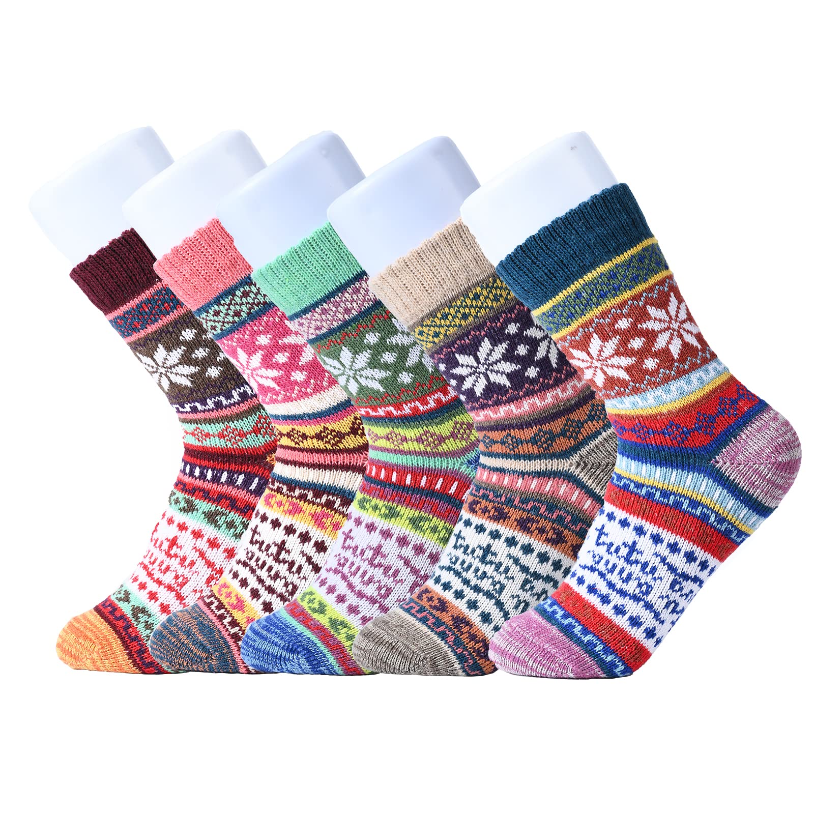 5 Pack Women's Wool Socks - Warm Winter Knit Crew Socks for Casual & Christmas Gifts