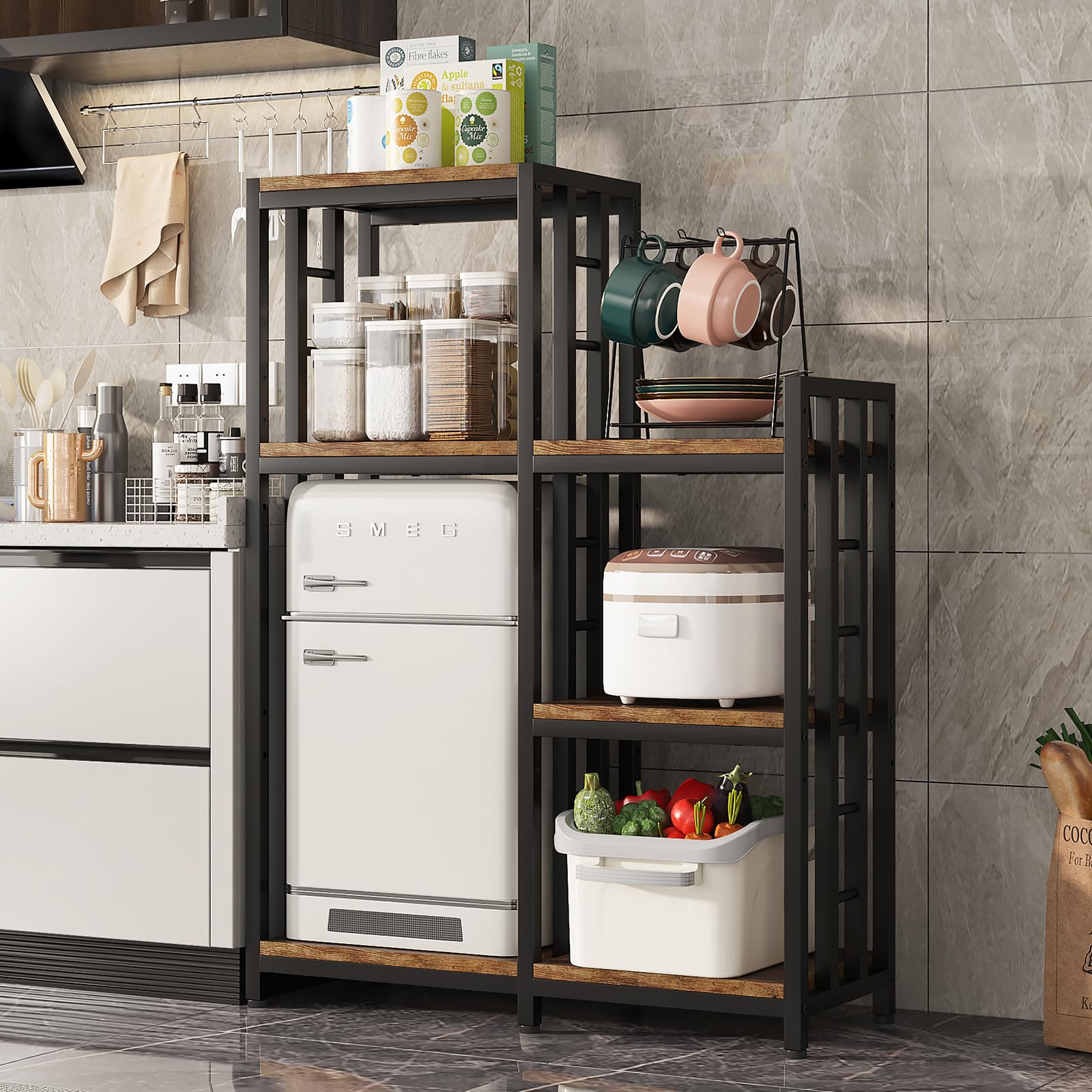 6-Tier Adjustable Height Kitchen Bakers Rack with Storage - Freestanding Microwave Stand, Mini Fridge Organizer & Coffee Bar Station - Rustic Brown for Living Room, Kitchen, or Small Apartment