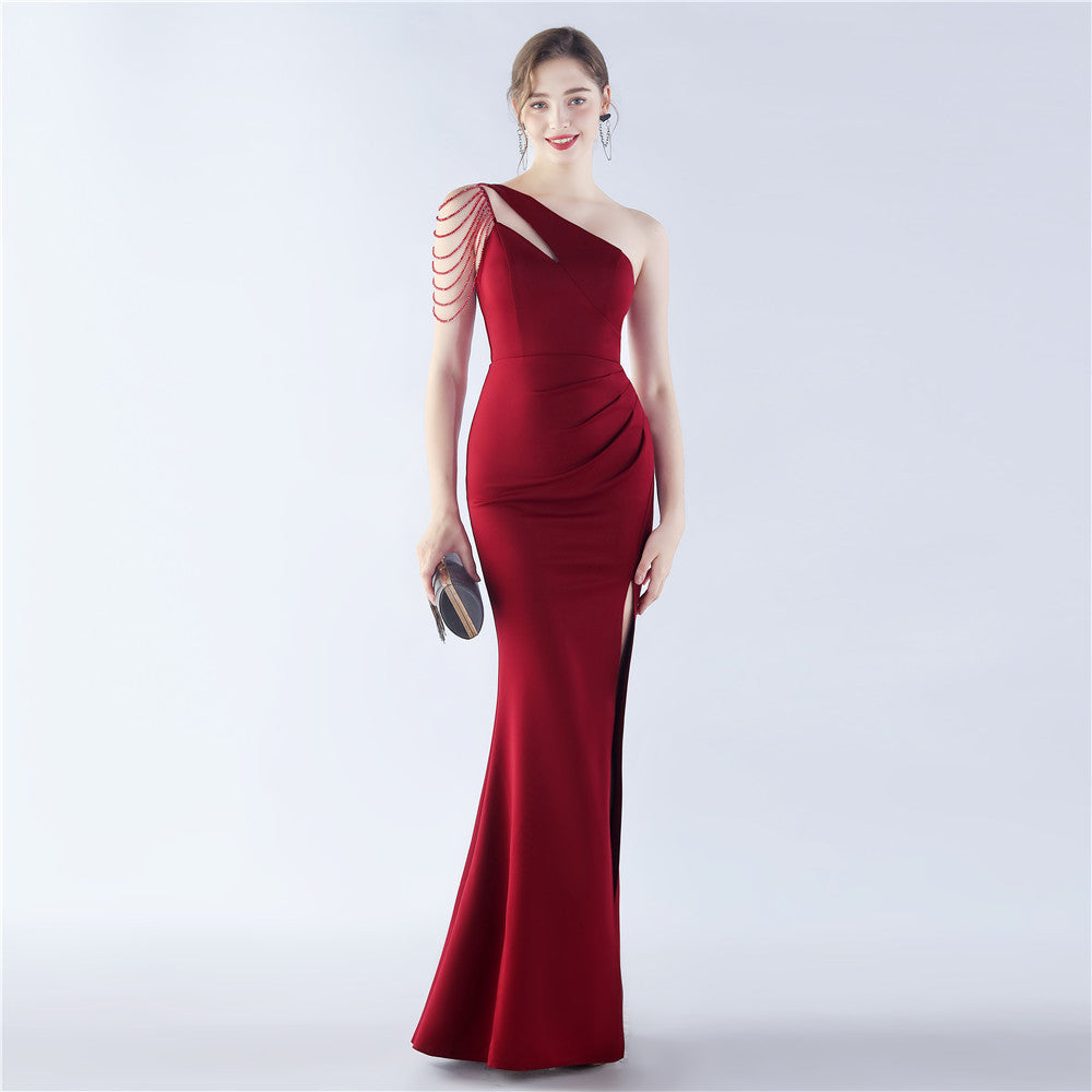 Elegant Beaded Satin One Shoulder Long Evening Dress for Women - Perfect for Prom, Gala & Formal Events