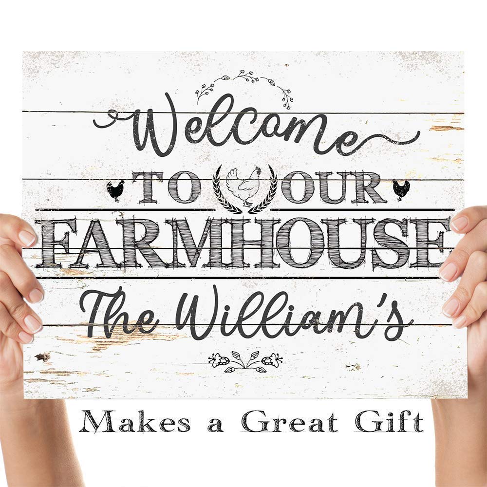 Personalized Farmhouse Welcome Sign - Custom Name Print, Chicken Coop Decor, Family Farm Gift - 11x14 Unframed Wood Style Poster - Perfect for Front Porch, Country Kitchen & Rustic Home Decor