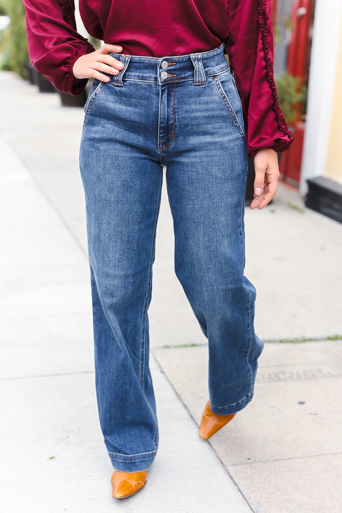 Judy Blue High Rise Double Button Crisscross Detail Wide Leg Jeans for Women - Comfortable Stretch Denim Pants for Casual Wear & Everyday Outfits