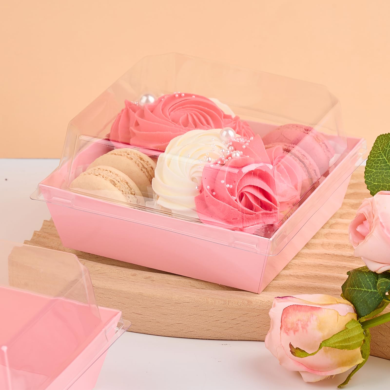 50 Pack 5 Inch Pink Square Paper Charcuterie Boxes with Clear Lids - Small Bakery To-Go Containers for Cake Slices, Desserts, Cookies, Sandwiches & Strawberries | Perfect for Parties, Catering & Gift Packaging