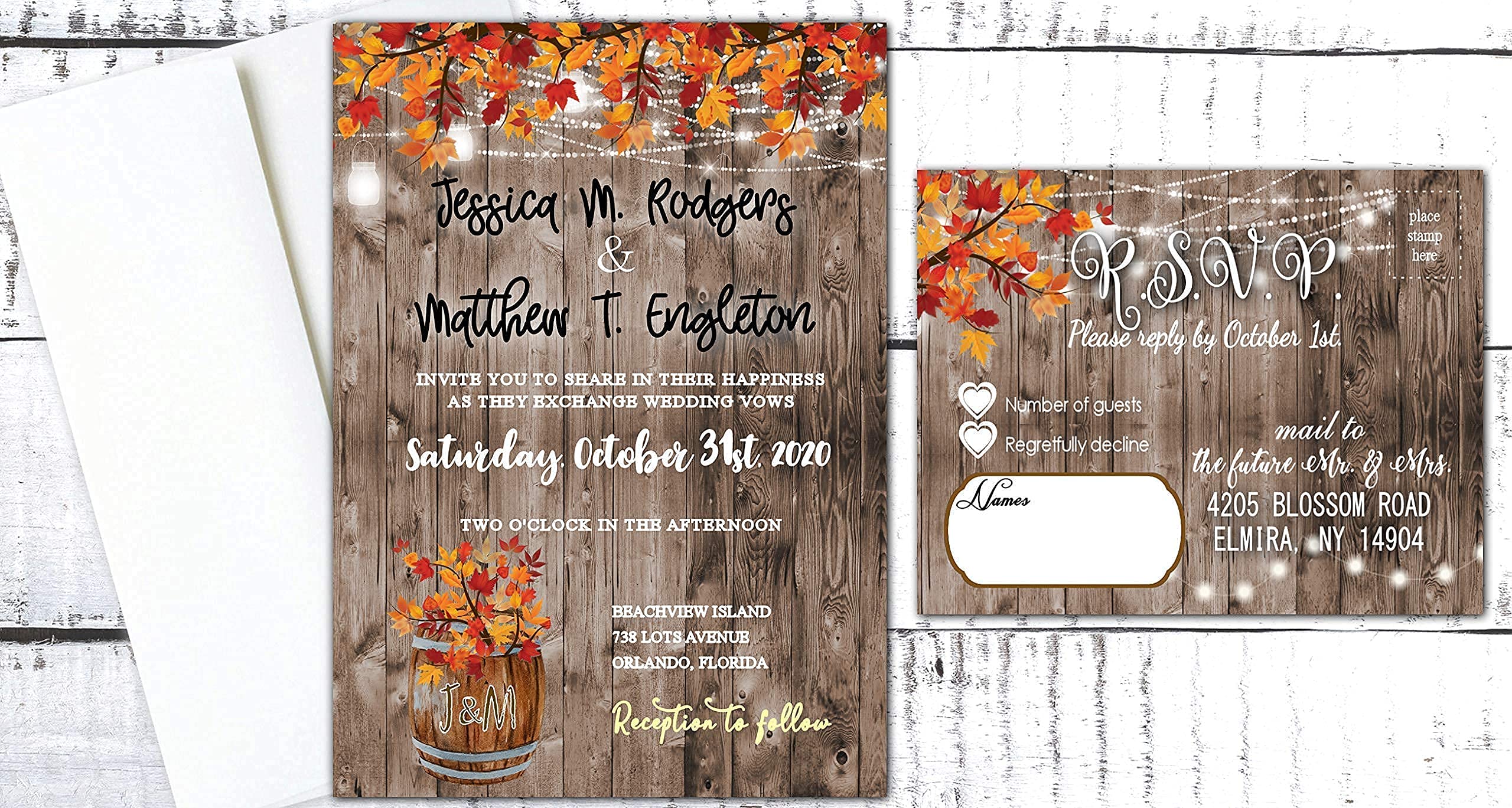 Rustic Fall Wedding Invitation Set - 50 Invitations with RSVP Cards for Autumn Weddings & Special Events