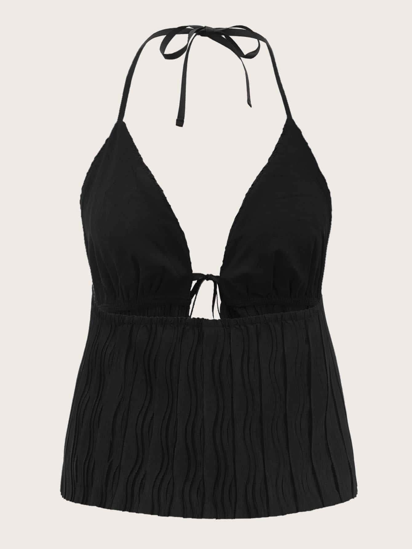 Verdusa Women's Tie Front Deep V Neck Sleeveless Split Crop Halter Top - Sexy Summer Beachwear for Vacation, Party & Date Night