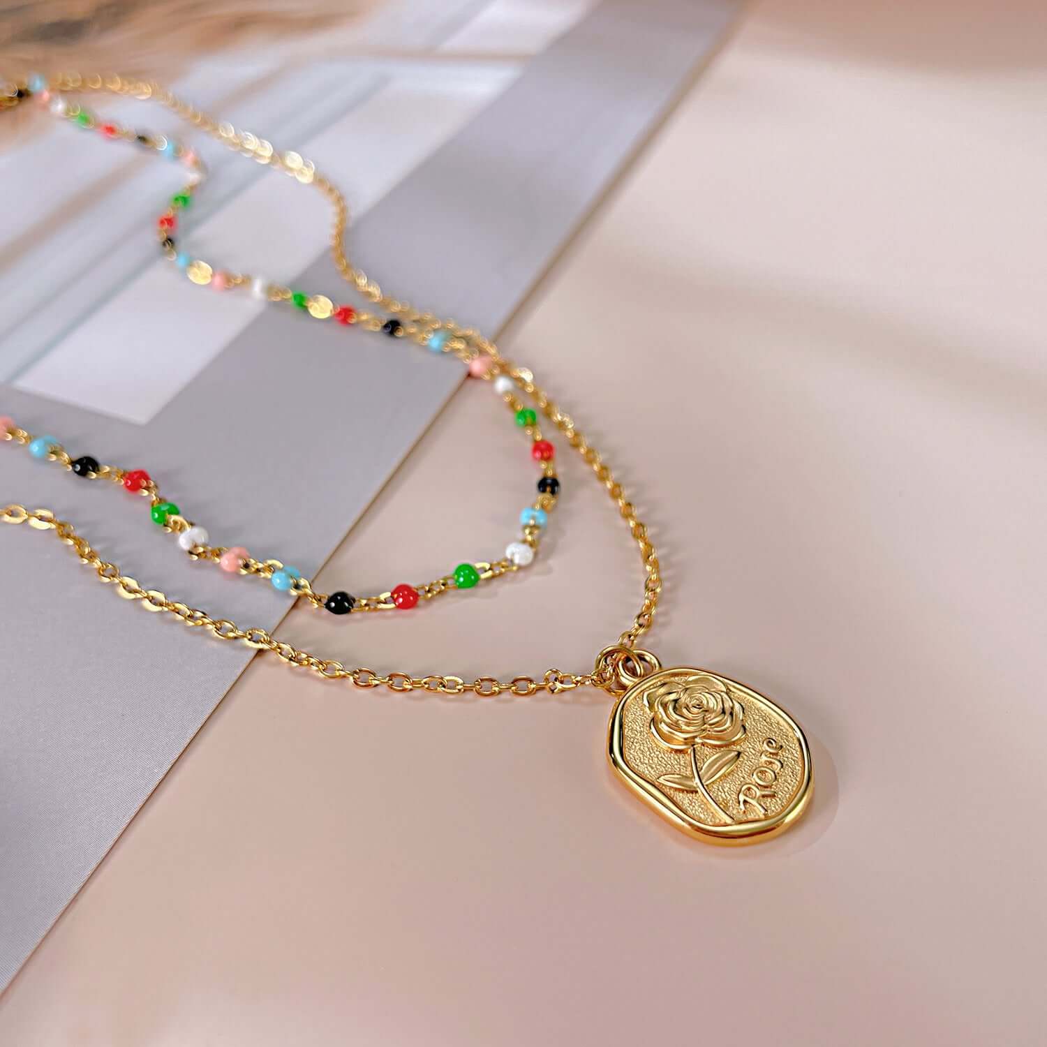 Gold Coin Layering Flower Seed Bead Chain Necklace | GX2310 - Elegant Boho Jewelry for Women, Perfect for Layering, Parties & Everyday Wear