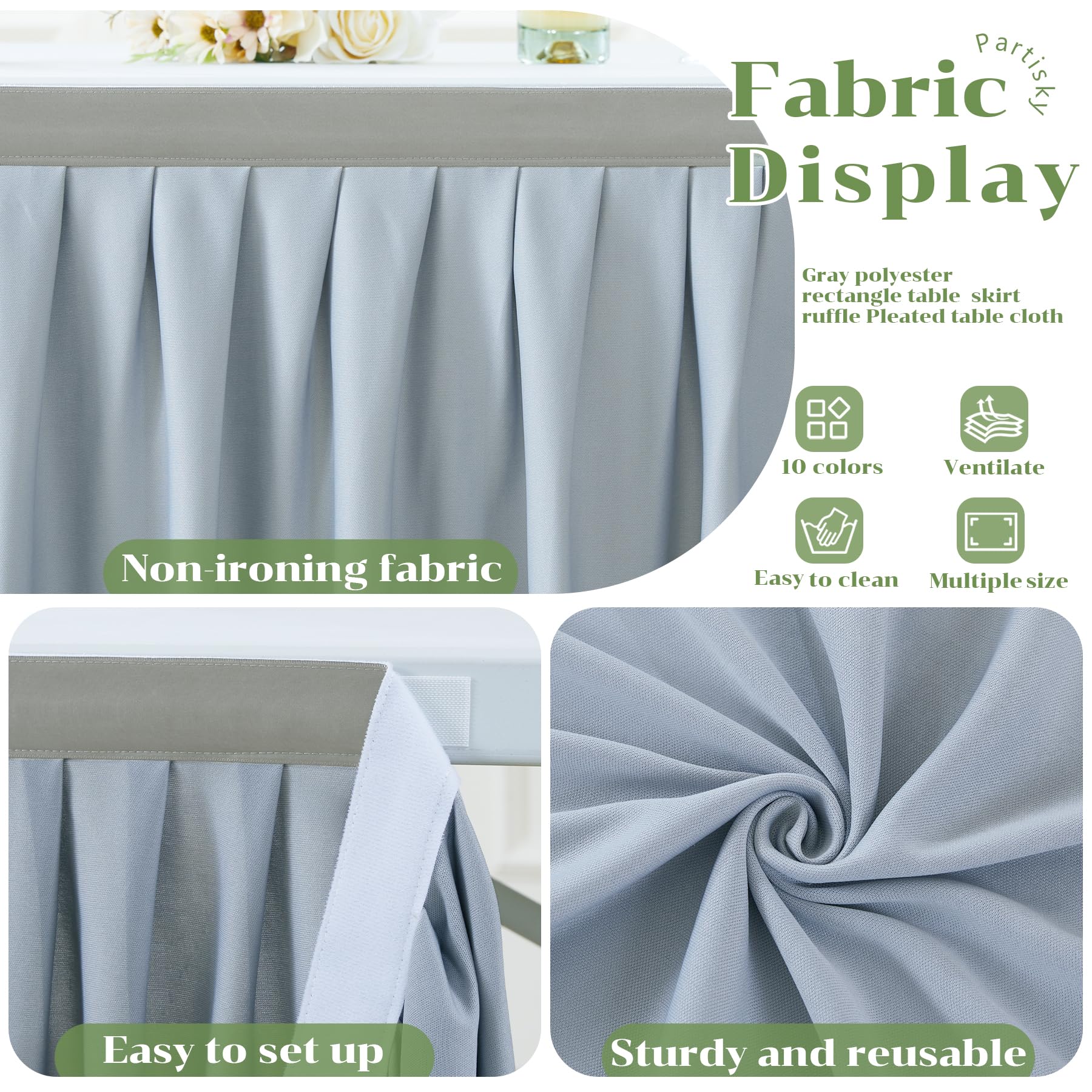 Gray Polyester Table Skirt 9ft - Wrinkle Resistant for Banquet & Wedding Decor