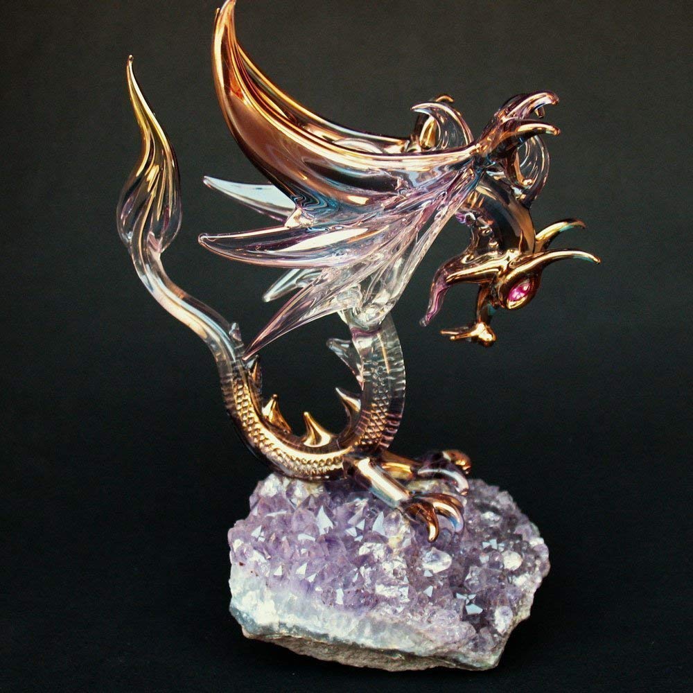 Hand Blown Glass Dragon Figurine with Wings - Flying Dragon Statue for Home Decor, Fantasy Collectibles & Gift Ideas | Perfect for Shelf Display, Office Desk & Medieval Theme Decorations