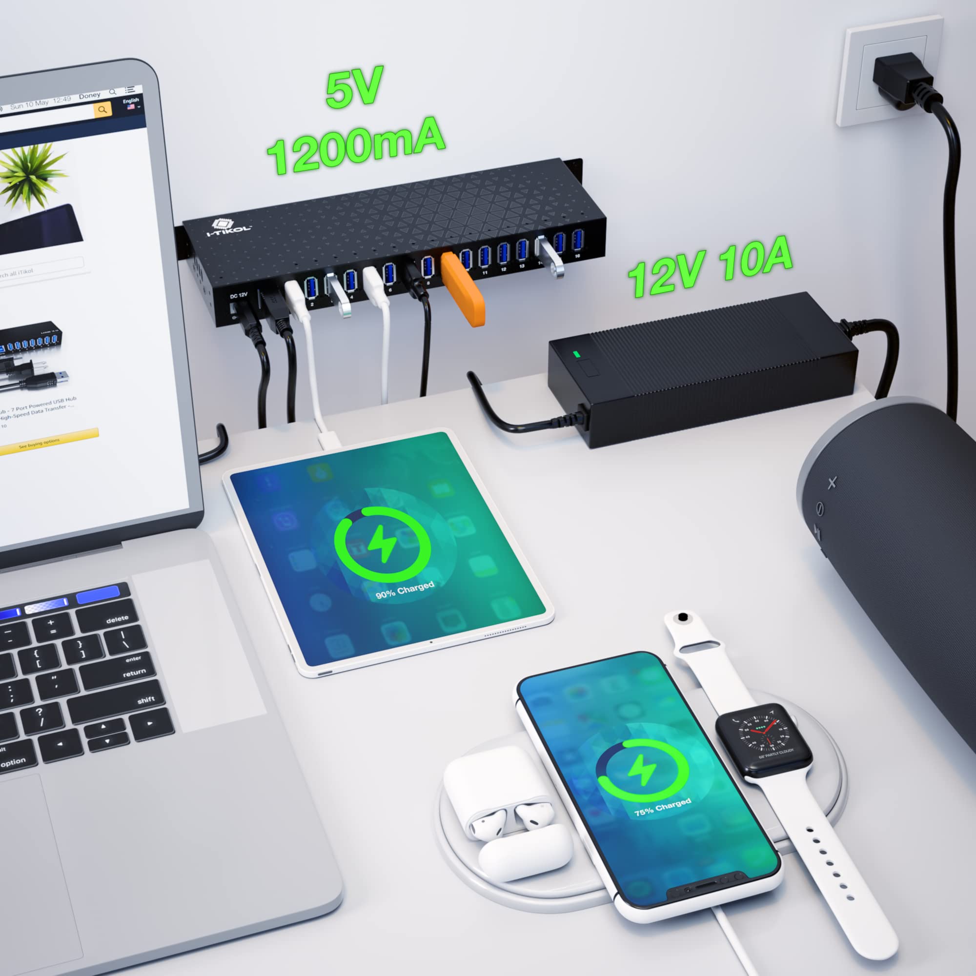 16-Port USB 3.0 Hub with AC Adapter - 5Gbps High-Speed Aluminum Alloy USB Splitter for Laptop, PC, Tablet & Phone - Desktop USB Expander for Multiple Devices - Perfect for Home Office, Gaming Setup & Workstation Connectivity
