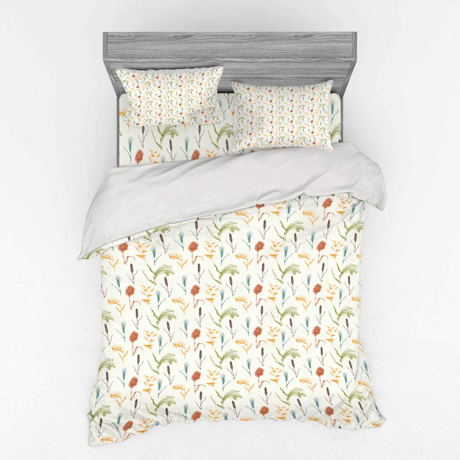 Ambesonne 4-Piece Botanical Duvet Cover Set - Queen Size, Off White Multicolor Forest Herbs & Wheat Branch Design | Nature-Inspired Bedding with Shams & Fitted Sheet | Perfect for Farmhouse, Cottage, or Bohemian Bedroom Decor