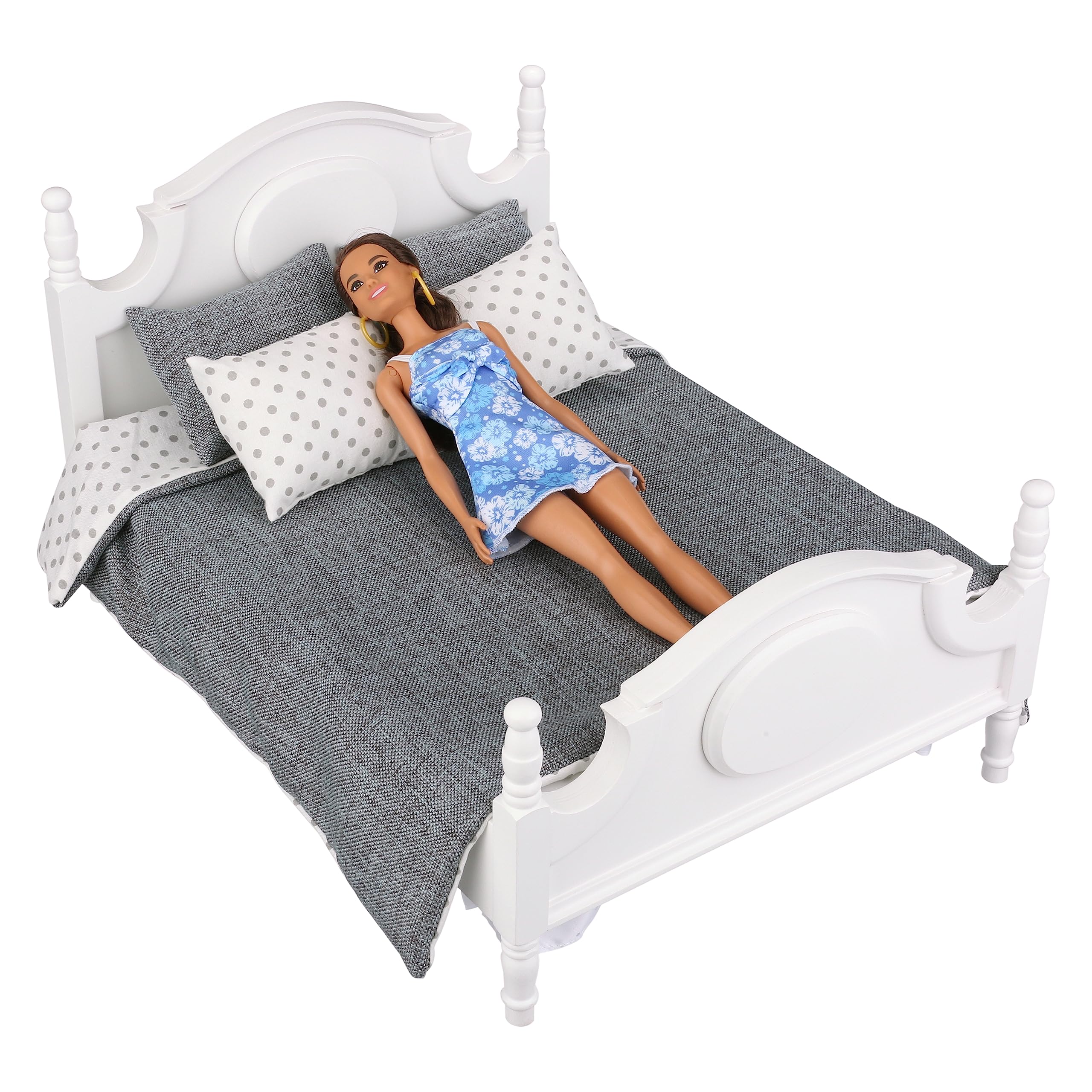 1/6 Scale Dollhouse Furniture Queen Bed Set - Miniature Grey Bedding & White Wooden Frame for 12 Inch Dolls | Perfect for Dollhouse Bedrooms, DIY Projects & Collectors Display