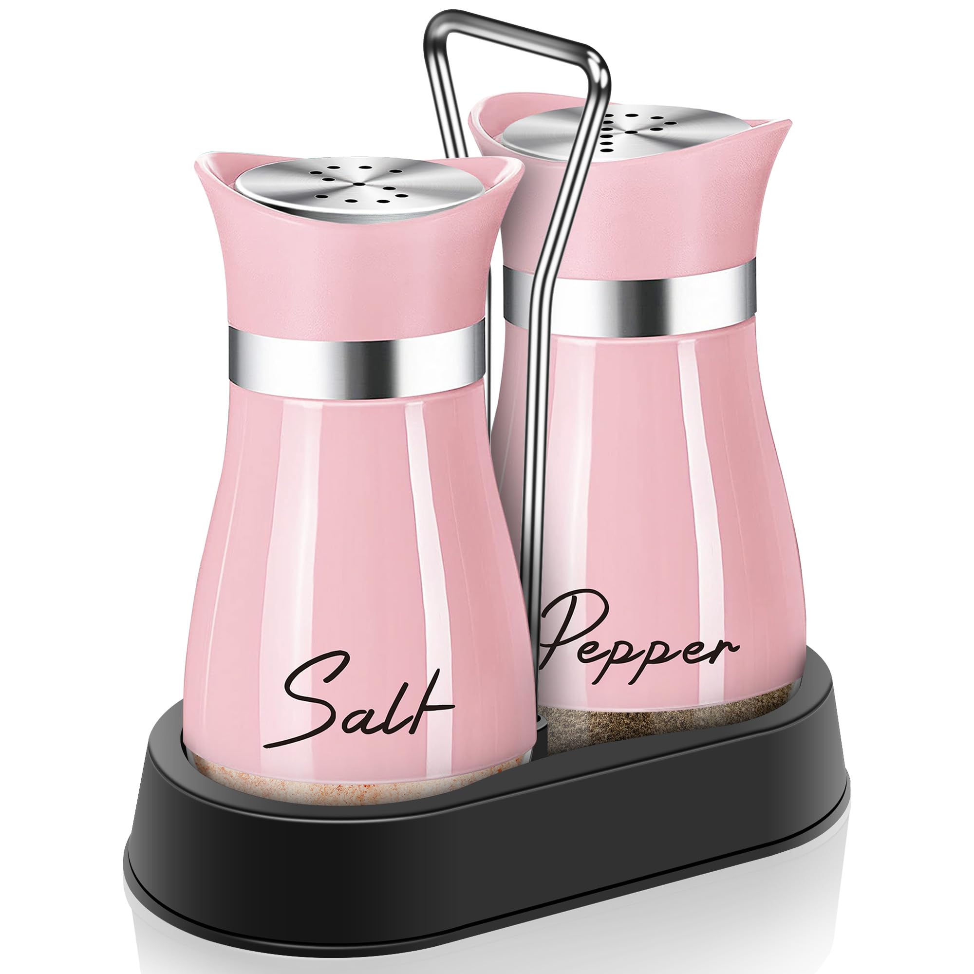 Pink Himalayan Salt and Pepper Shakers Set with Wooden Holder - 4 oz Refillable Kitchen Spice Dispenser - Cute Home Decor for Mother's Day & Housewarming Gifts - Perfect for Dining Table, Kitchen Counter, and Gift Giving