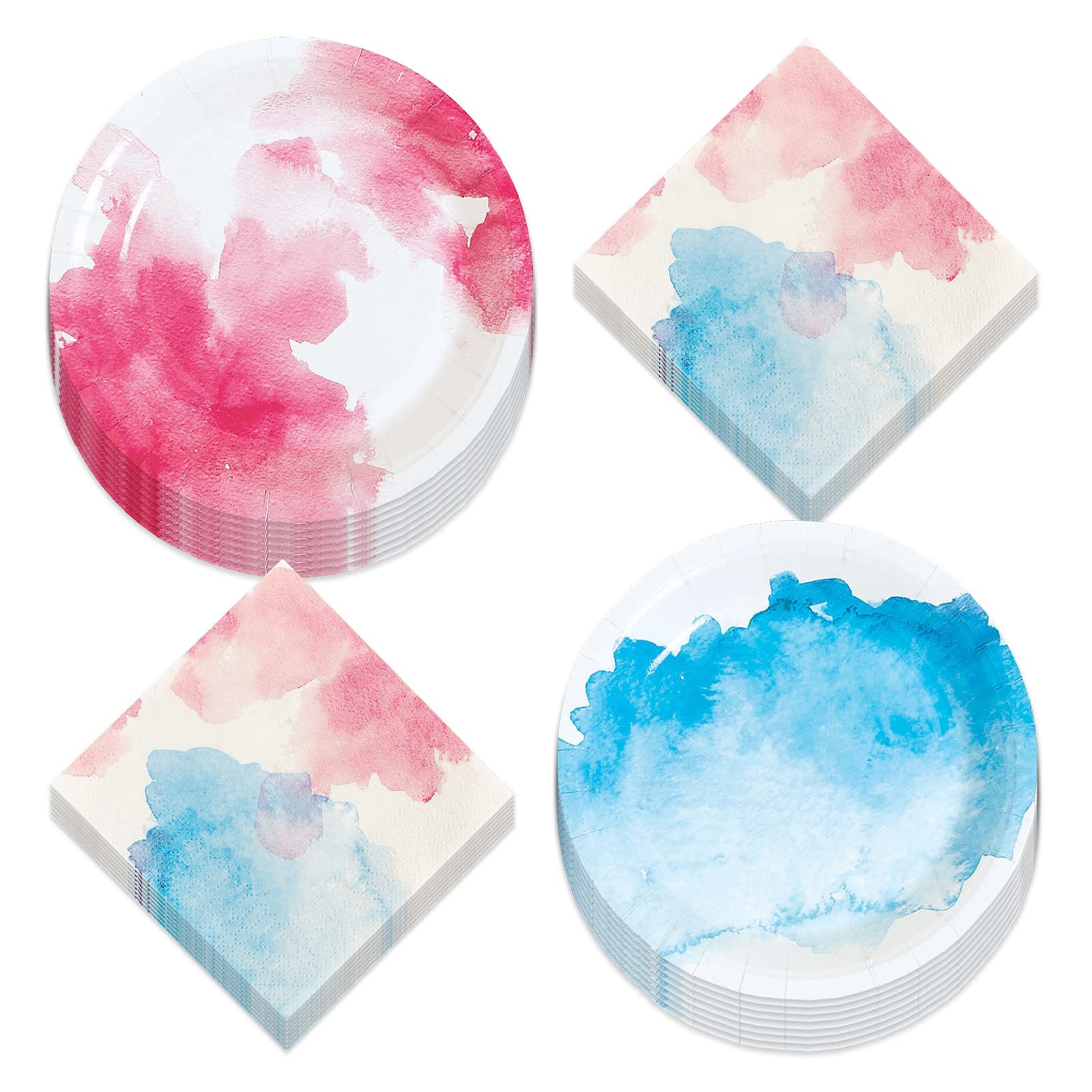 Gender Reveal Party Supplies - Pink & Blue Watercolor Dessert Plates & Beverage Napkins for Baby Shower (16-Piece Set) - Perfect for Gender Announcement Celebrations & Themed Baby Showers