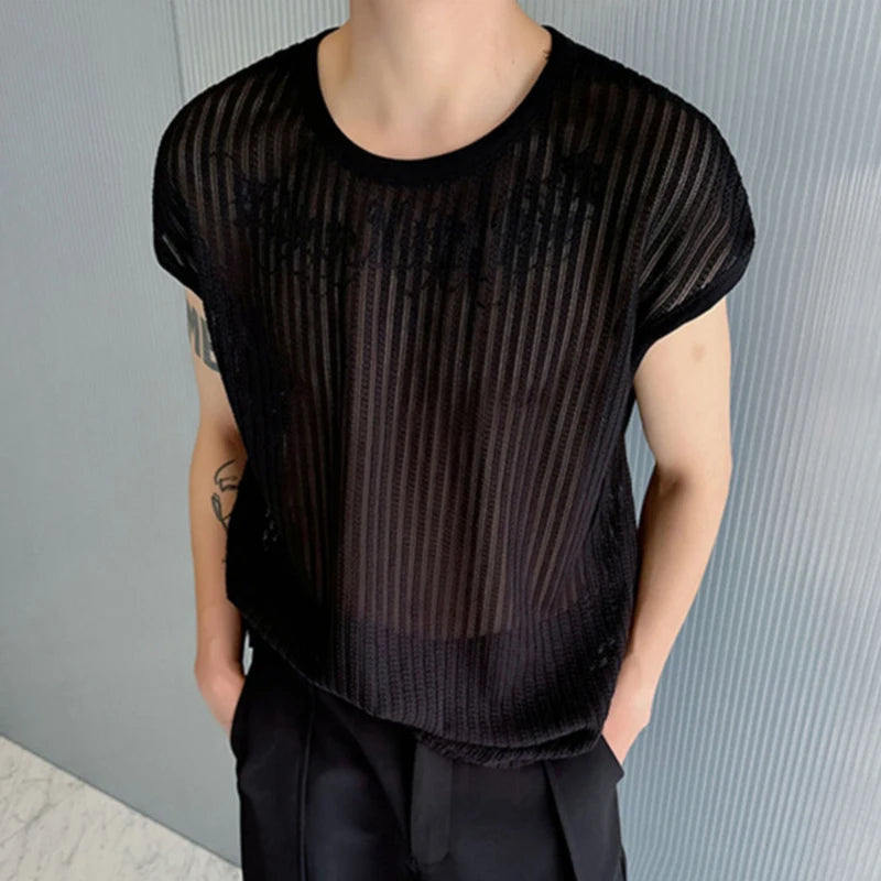 Korean Trendy Hollowed Out Knitted Vest for Men - Breathable Sleeveless Summer Top (Style 9C5941) | Perfect for Beach Outings, Music Festivals & Casual Streetwear