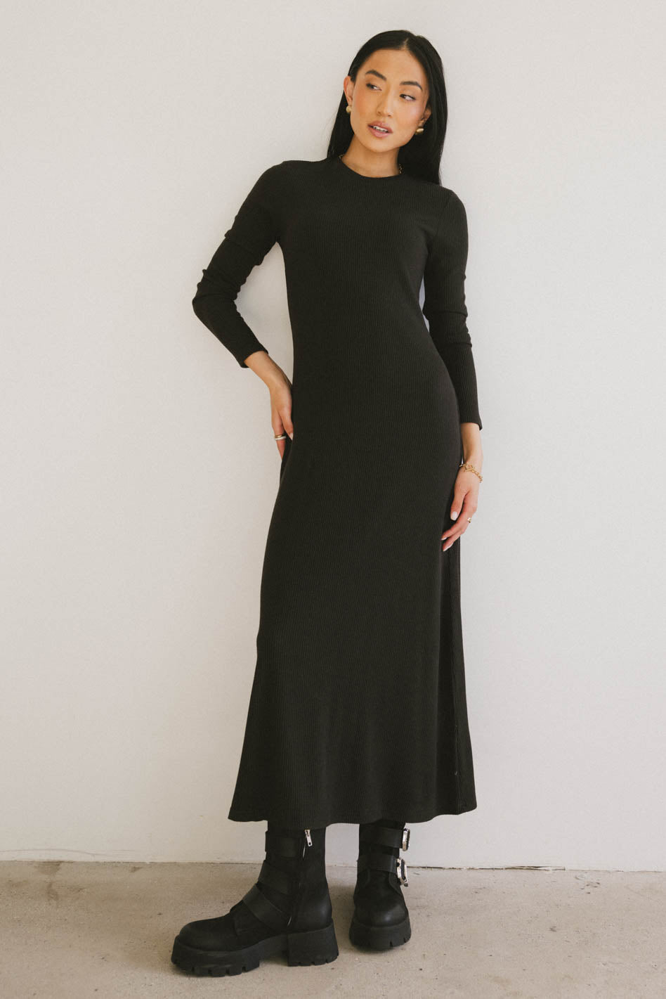 Lynette Ribbed Maxi Dress in Charcoal - Elegant Long Sleeve Bodycon Dress for Women | Perfect for Evening Parties, Date Nights & Special Occasions | FINAL SALE