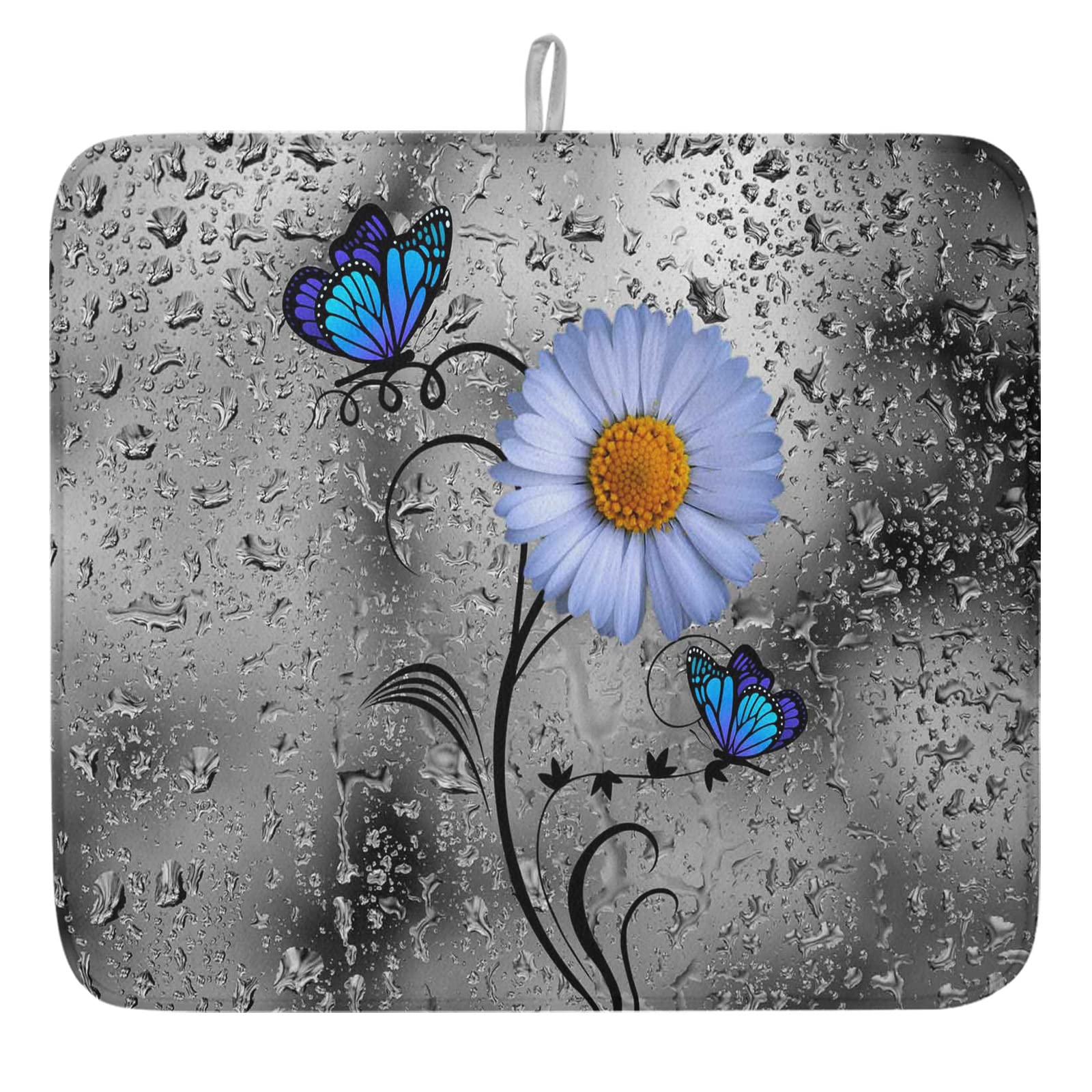 **Premium Absorbent Microfiber Dish Drying Mat - 18x24 Inches, Reversible Daisy Floral & Butterfly Design, Grey - Non-Slip Kitchen Counter Protector for Dishes, Utensils & Cookware - Perfect for Kitchen, Dining Room & RV Use**