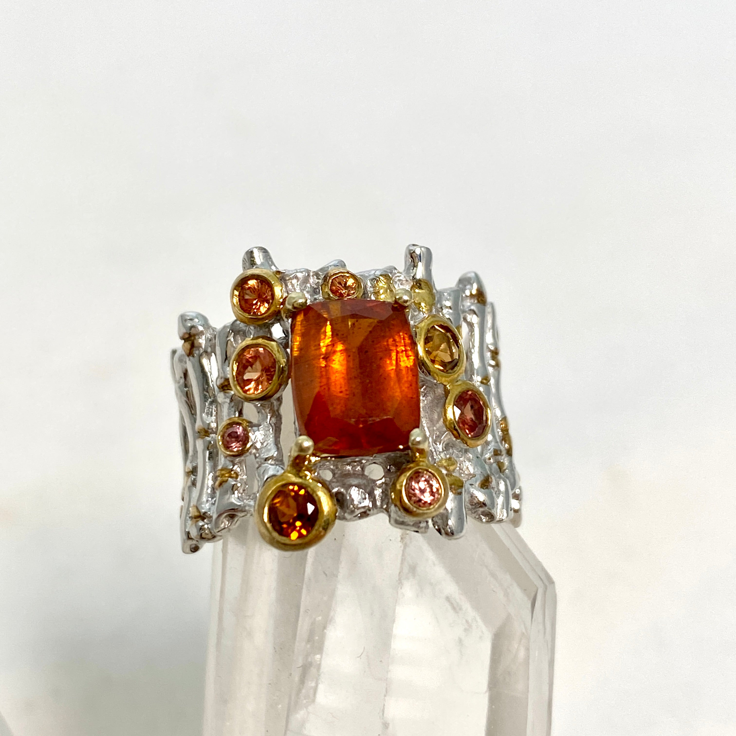 Orange Kyanite Cushion Cut Ring with Tourmaline & Sapphire - Size 8 - Designer Jewelry for Women | Perfect for Weddings, Anniversaries & Special Occasions