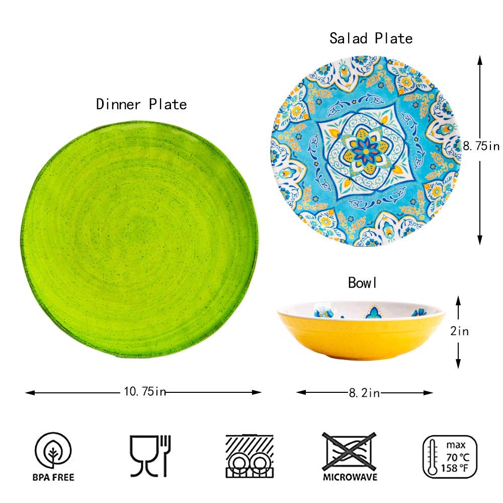 12-Piece Melamine Dinnerware Set - Durable, Colorful Plates & Bowls - Dishwasher Safe, Shatterproof, Chip Resistant - Perfect for Outdoor Dining, Picnics, and Restaurants (Multicolor)