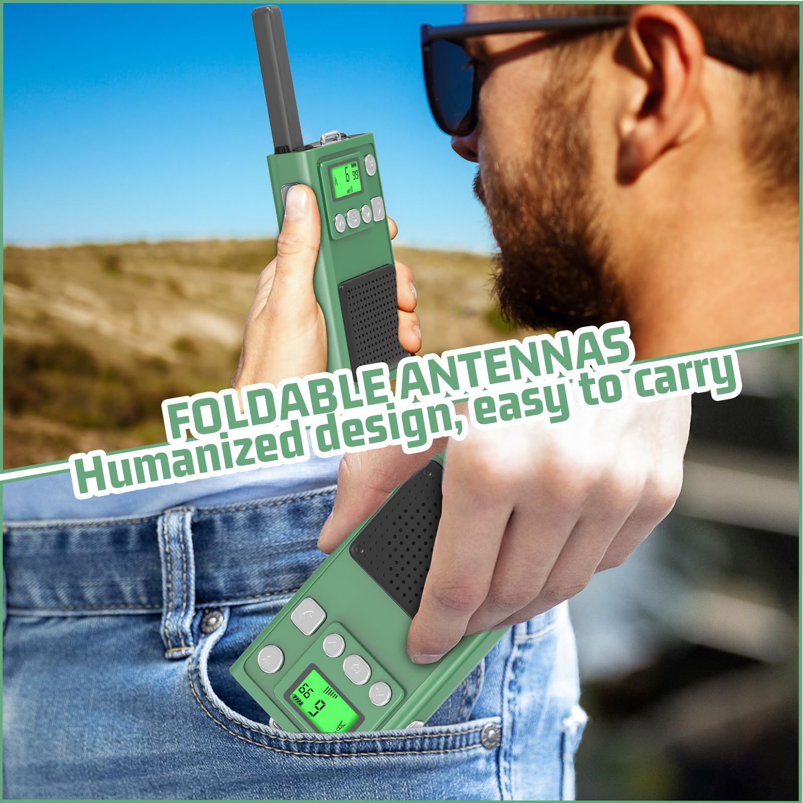 Kearui Walkie Talkies for Adults with Flip Antenna, 2 Pack Long Range Two Way Radios with Hands-Free Function & LED Flashlight for Adventure, Camping, Hiking (Green) - Perfect for Outdoor Activities and Emergency Communication
