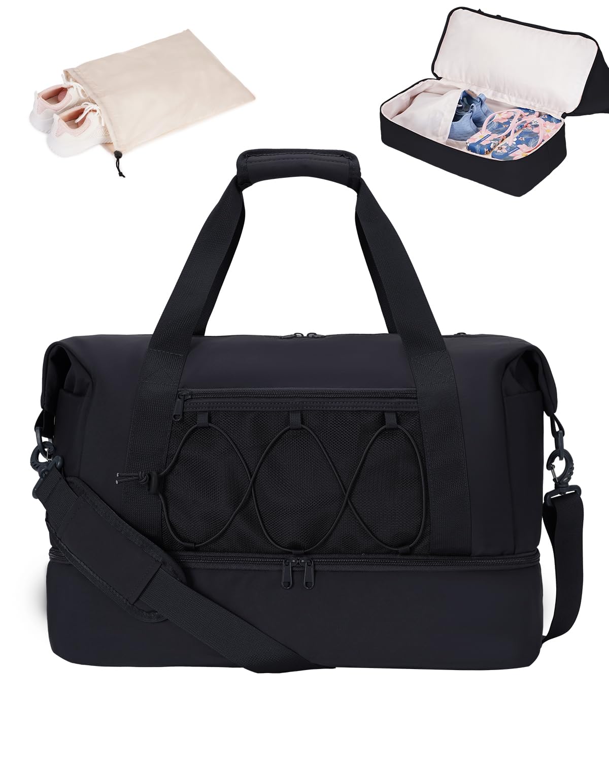 **Women's Large Water-Resistant Gym & Travel Duffel Bag with Shoe Compartment & Wet Pocket - Perfect for Workouts, Weekend Trips & Overnight Carry-On (Black) - Patent Pending**