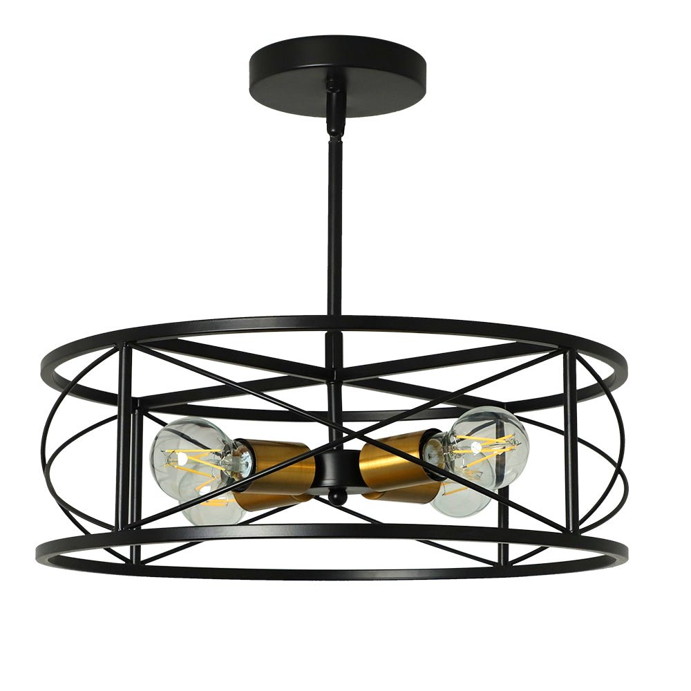 DLLT 4-Light Black Round Pendant Lighting Fixture - 18 Inch Industrial Metal Drum Cage Chandelier - Farmhouse Hanging Light for Dining Room Kitchen Living Room Bedroom Hallway - Perfect for Rustic Home Decor & Modern Interior Design