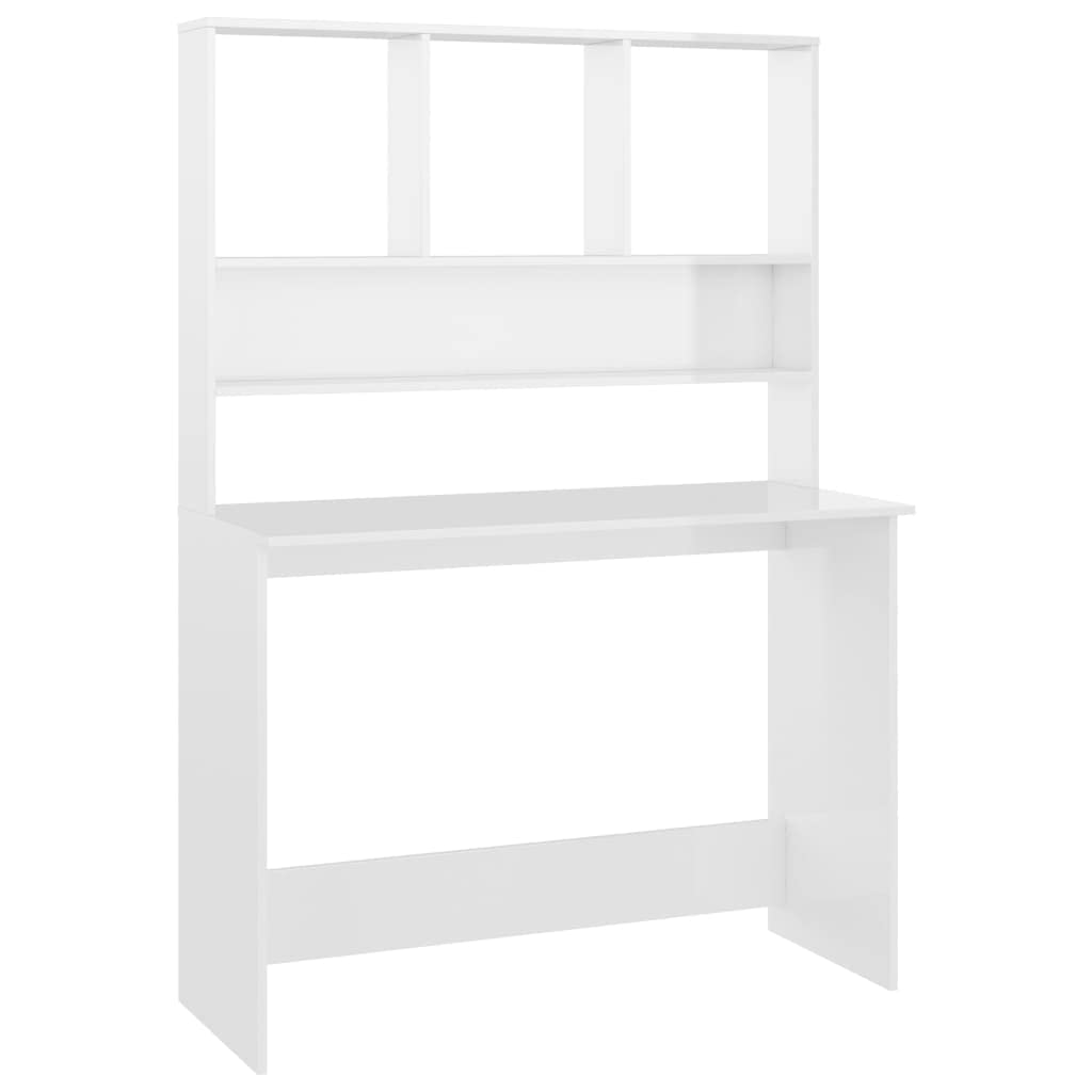vidaXL Home Office Computer Desk with Storage - High Gloss White Engineered Wood Writing Table for Small Spaces, Study Room & Workstation Setup