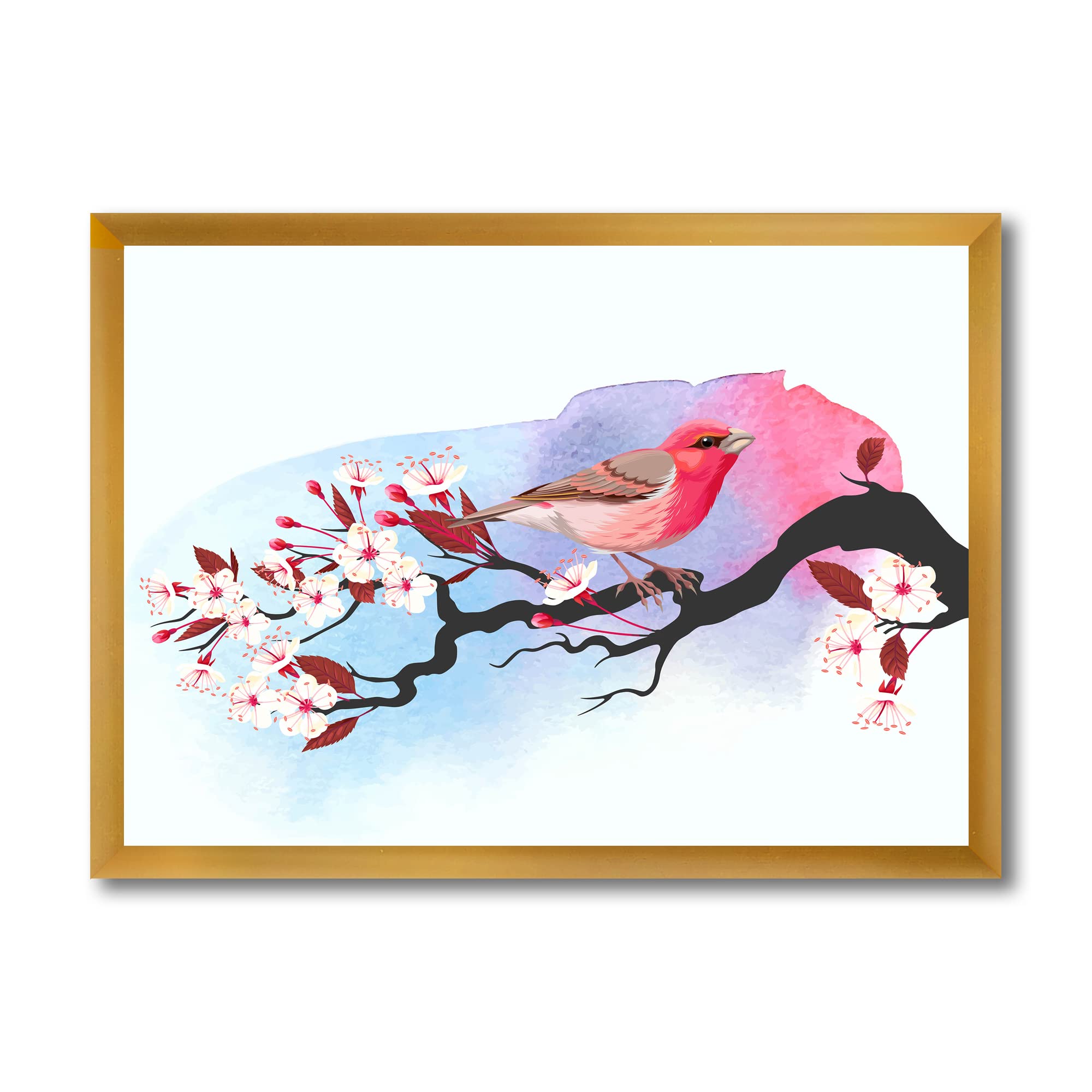 DesignQ Pink Bird on Cherry Branch Traditional Framed Wall Art - Elegant Home Decor for Living Room, Bedroom & Office
