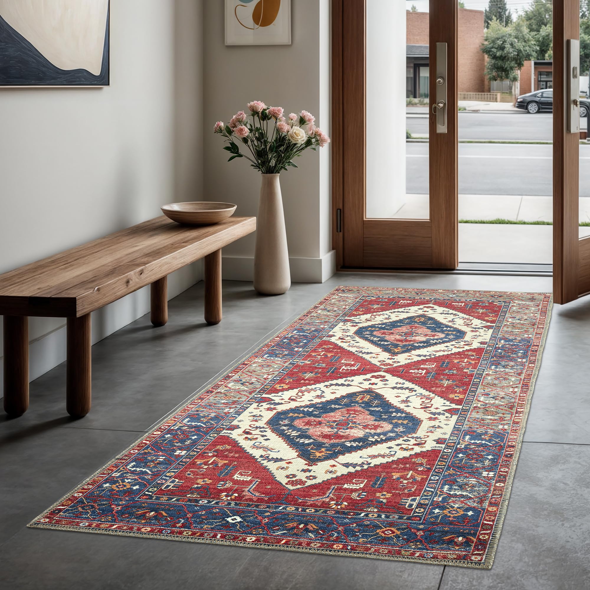 Vintage Washable Non-Slip Low Pile Area Rug - Machine Washable Easy Clean Carpet for Living Room Bedroom Bathroom (2'6