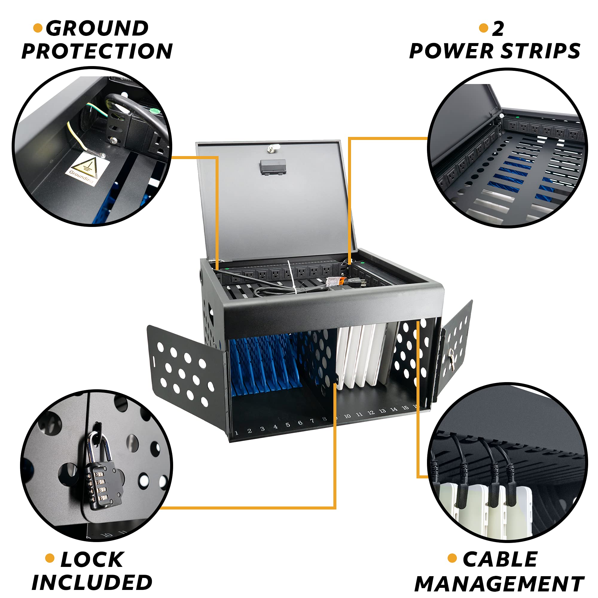 16-Device Locking Tablet Charging Station for Classroom - Secure Metal Charging Cart with Cable Management for Chromebooks, Tablets & Laptops (Black) | Ideal for Schools, Libraries & Office Charging Stations